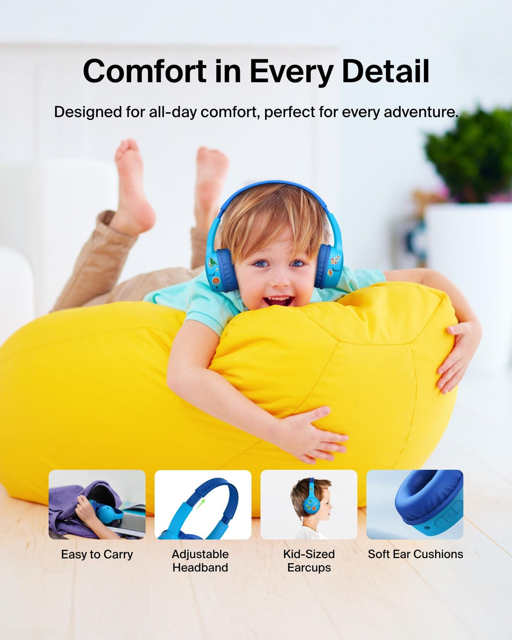 Belkin SoundForm Mini in use on child showing safe sound and comfort