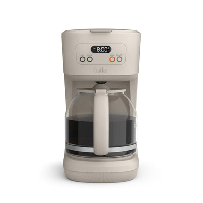 BELLA front view of 12-cup coffee maker showing compact design and benefits