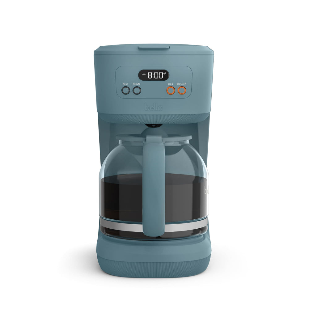 BELLA front view of coffee maker showing carafe and design for countertop convenience