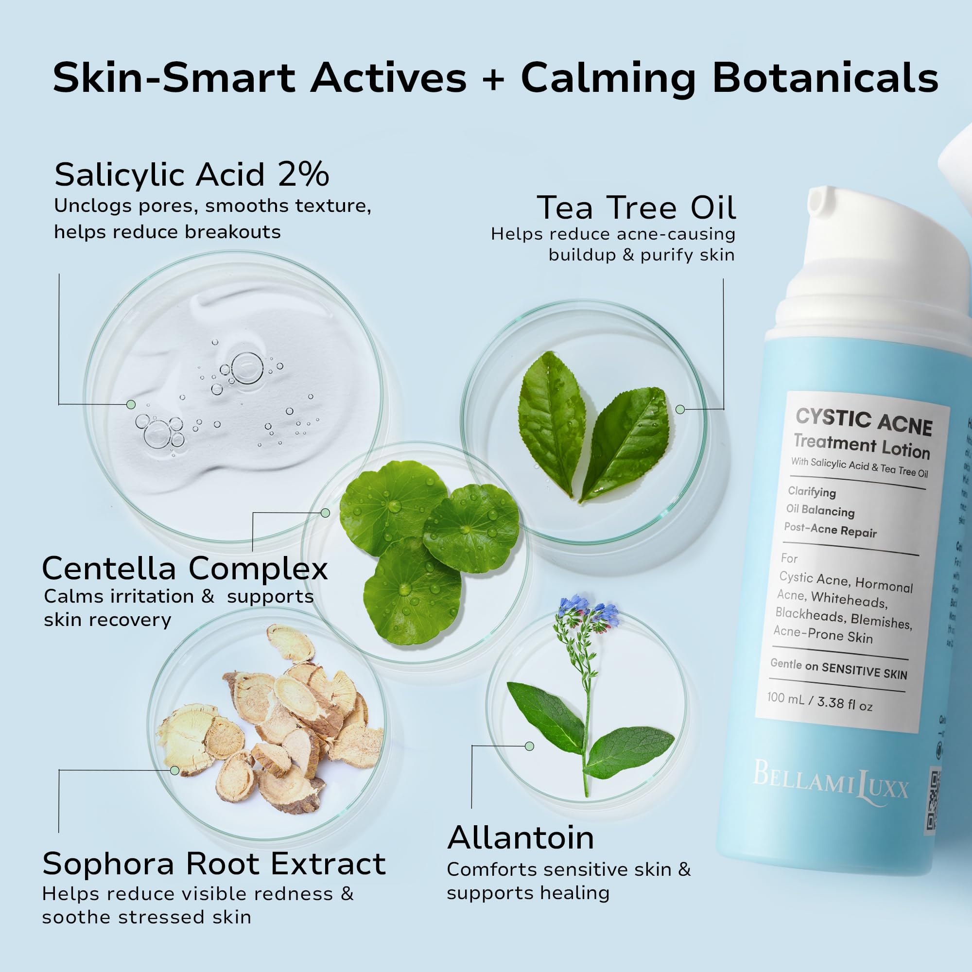 BellamiLuxx ingredientes botánicos como árbol de té y centella calmantes