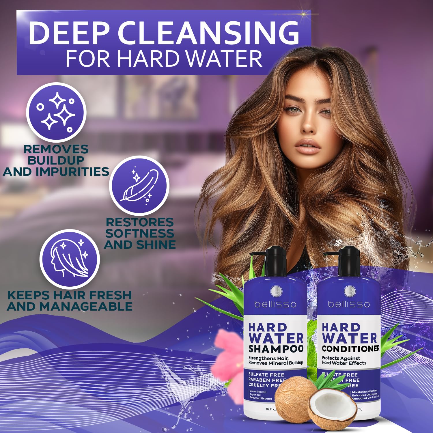 BELLISSO ambiente de baño real mostrando cabello brillante y saludable