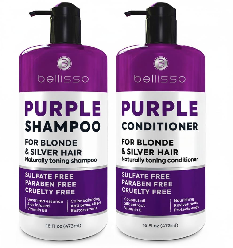 BELLISSO envases frontales del champú y acondicionador morado para brillo y tono uniforme