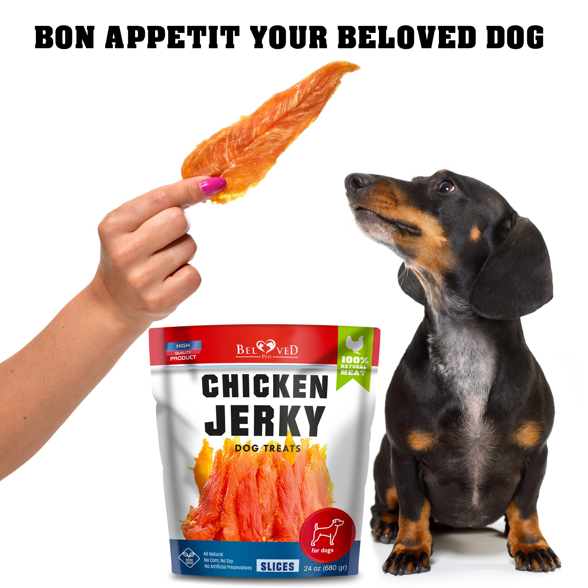 Beloved Pets label close-up highlighting 100% chicken ingredients