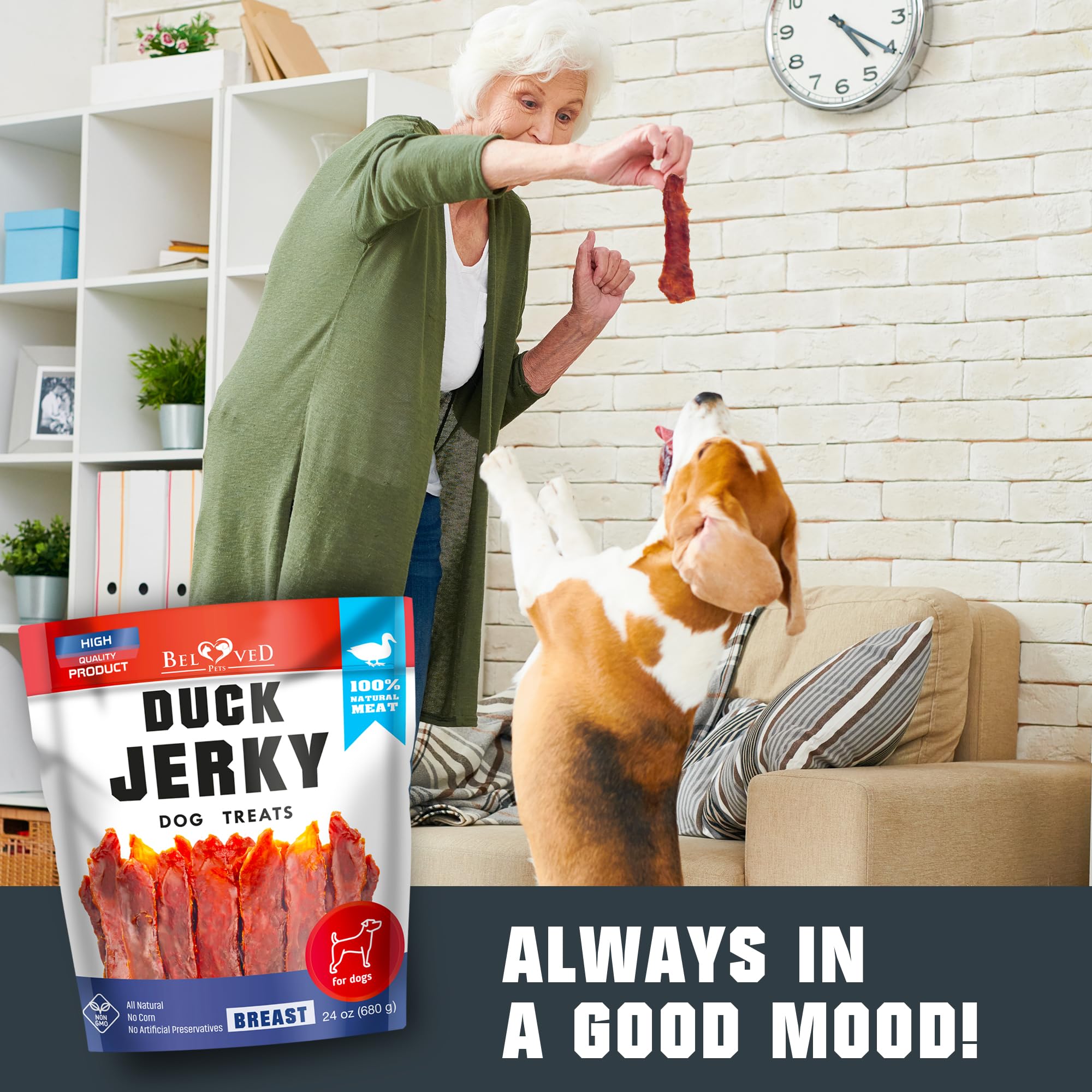 Beloved Pets perro disfrutando snack, premio natural y digestible