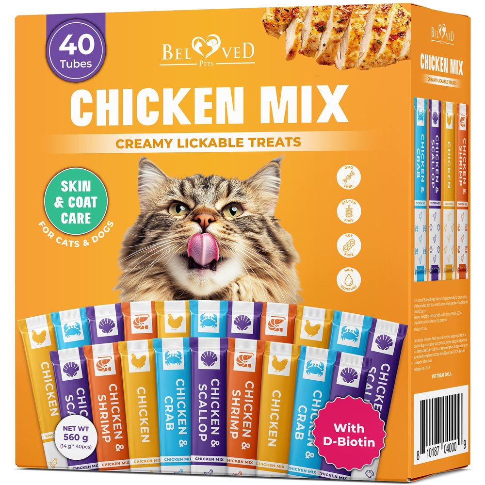 Beloved Pets tubo frontal mostrando diseño y sabor pollo