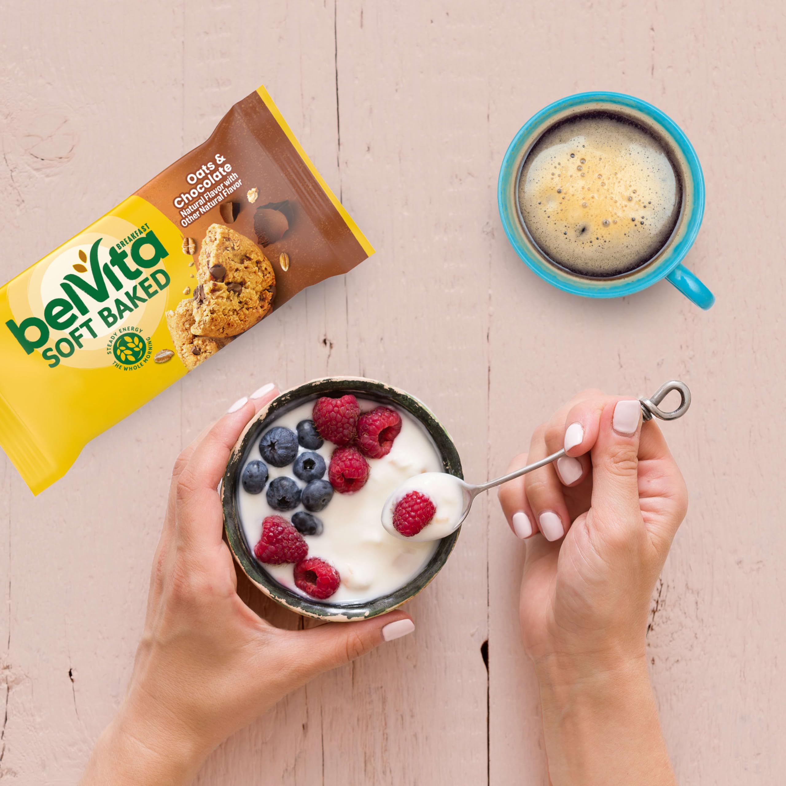 belVita bar beside yogurt showing pairing for fuller morning meal