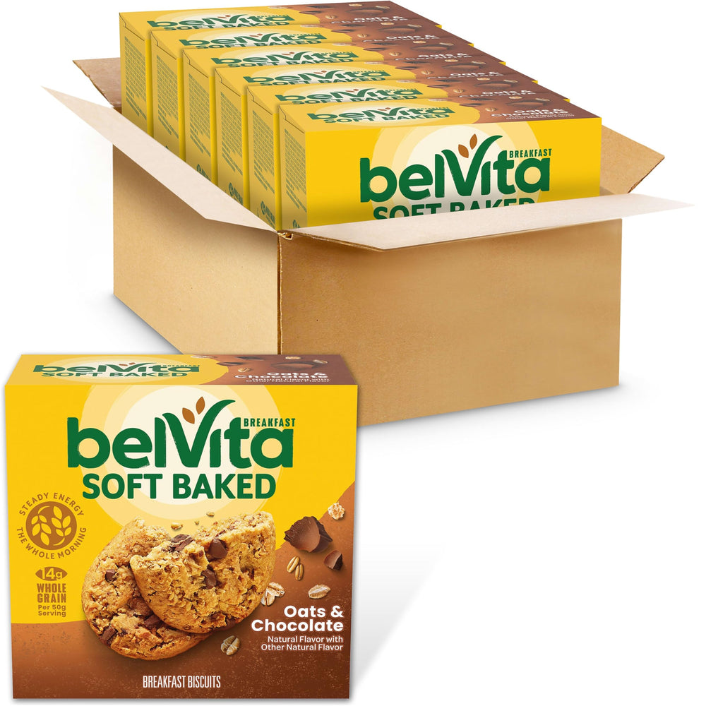 belVita front packaging showing oats and chocolate benefit quick breakfast