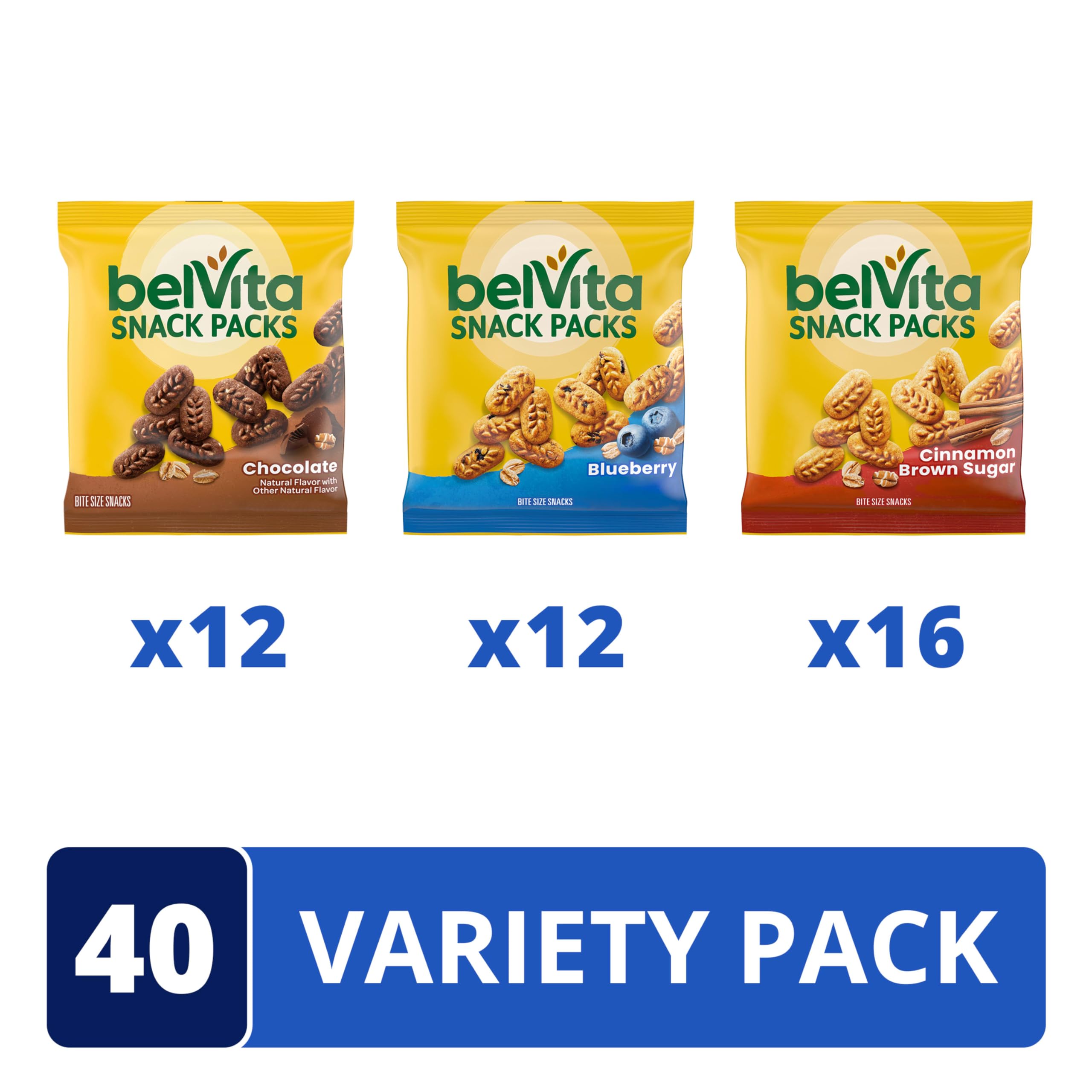 belVita tres sabores dispuestos: Chocolate, Blueberry, Canela