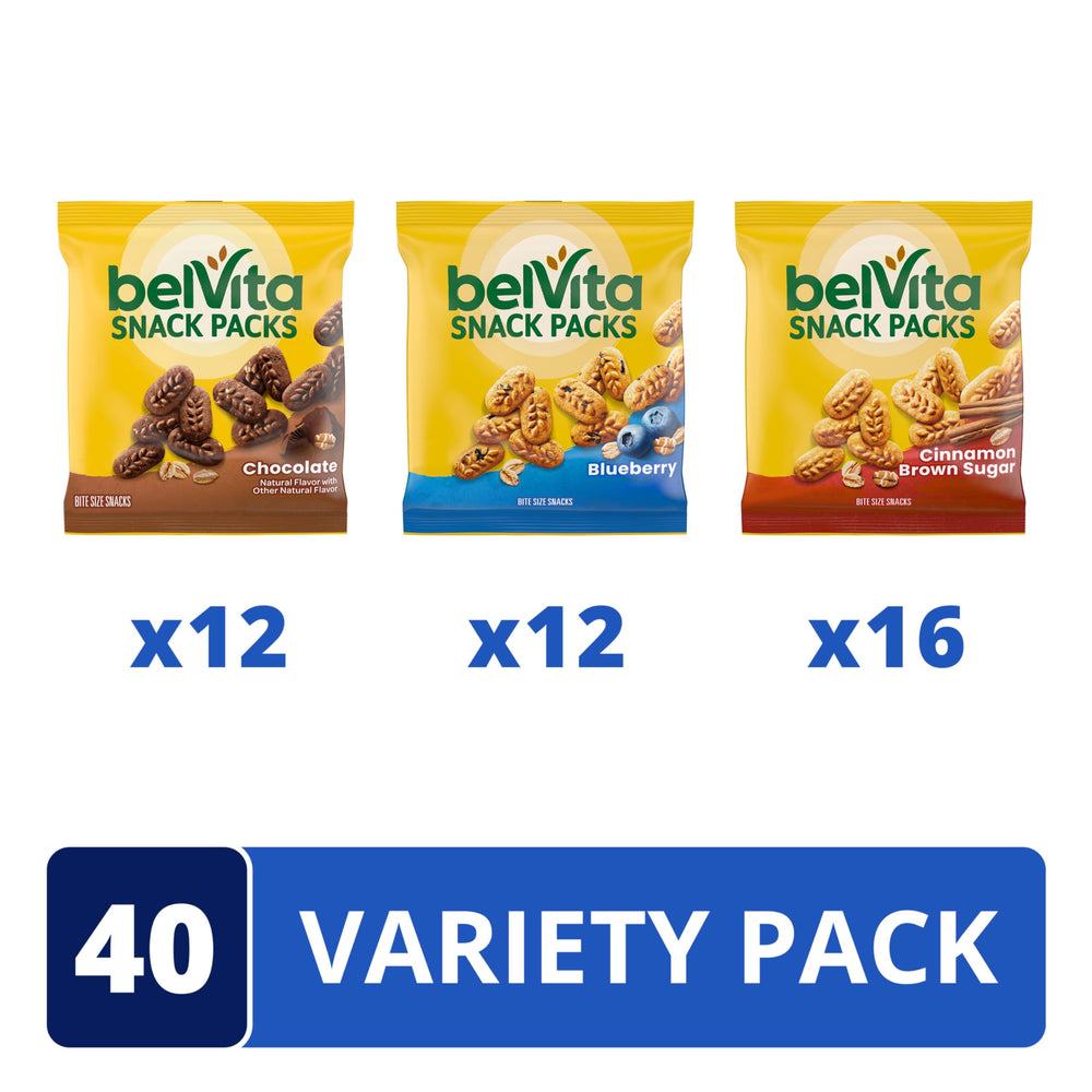 belVita tres sabores dispuestos: Chocolate, Blueberry, Canela