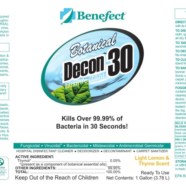 Benefect Decon 30 etiqueta con certificaciones USDA BioPreferred y UL EcoLogo visibles