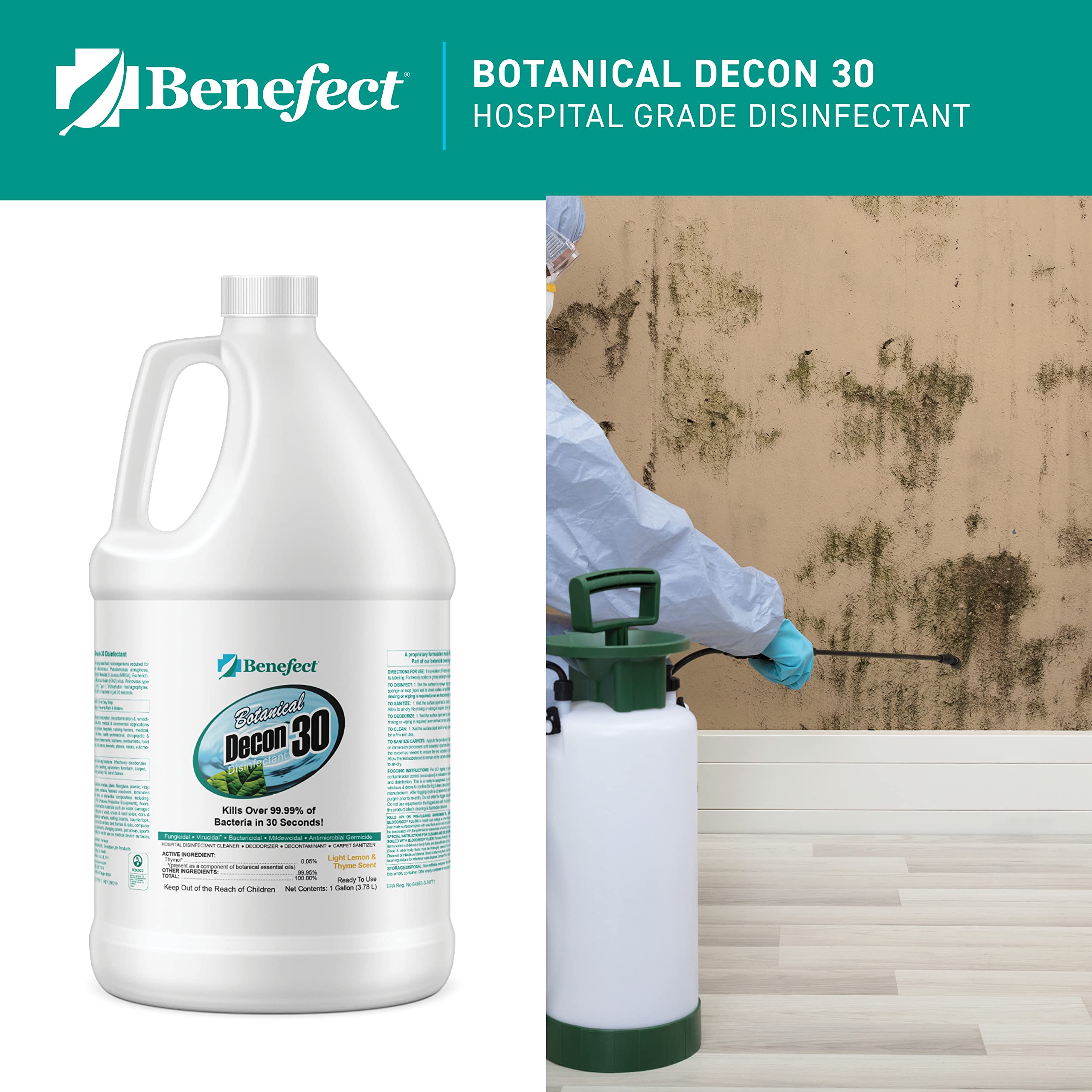 Benefect Decon 30 detalle de etiqueta con instrucciones y beneficios ecológicos visibles