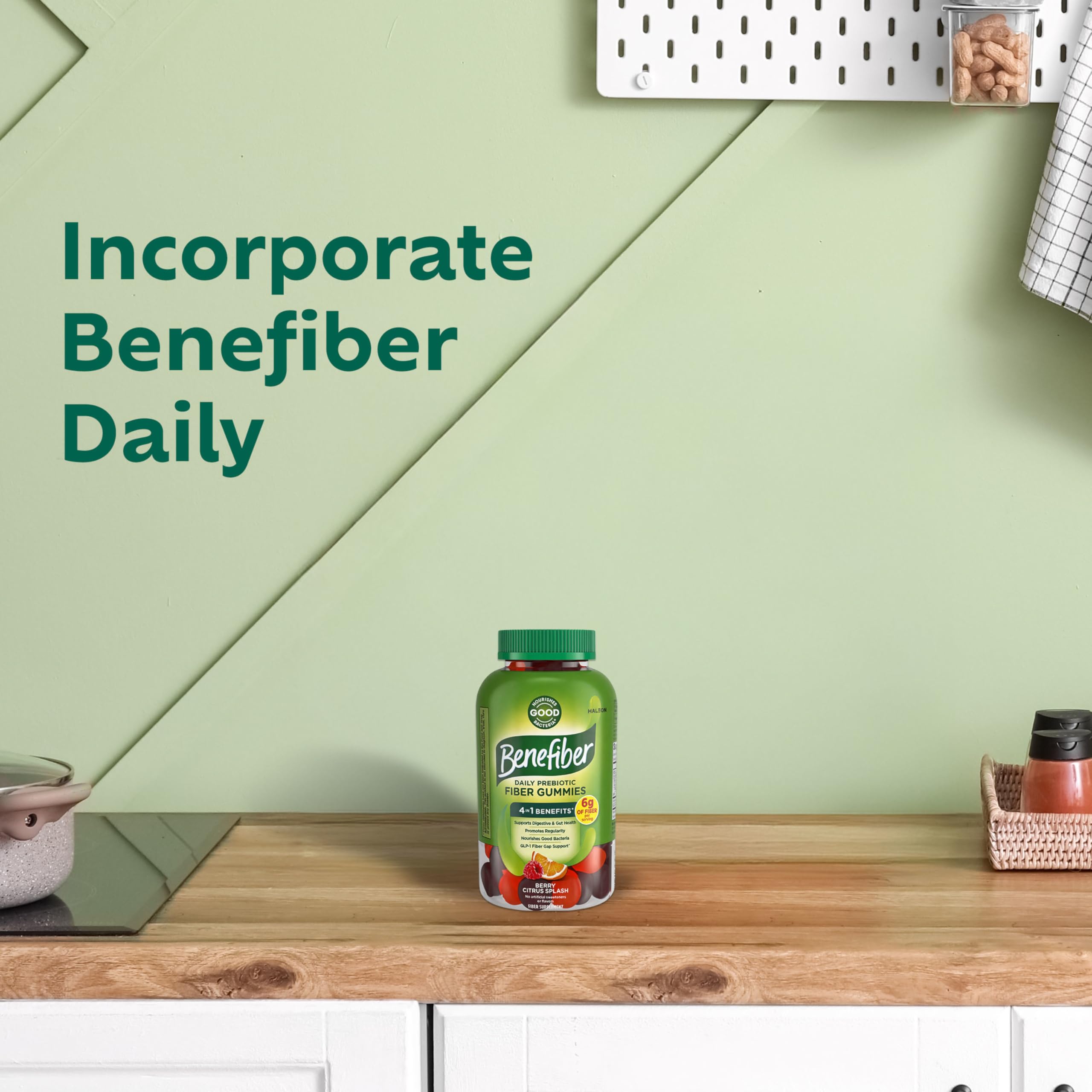 Benefiber frasco abierto con gomitas para toma rápida y portable
