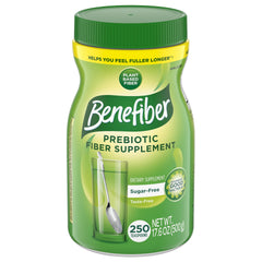 Benefiber frasco frontal mostrando el envase y la cantidad, facilita identificar el suplemento