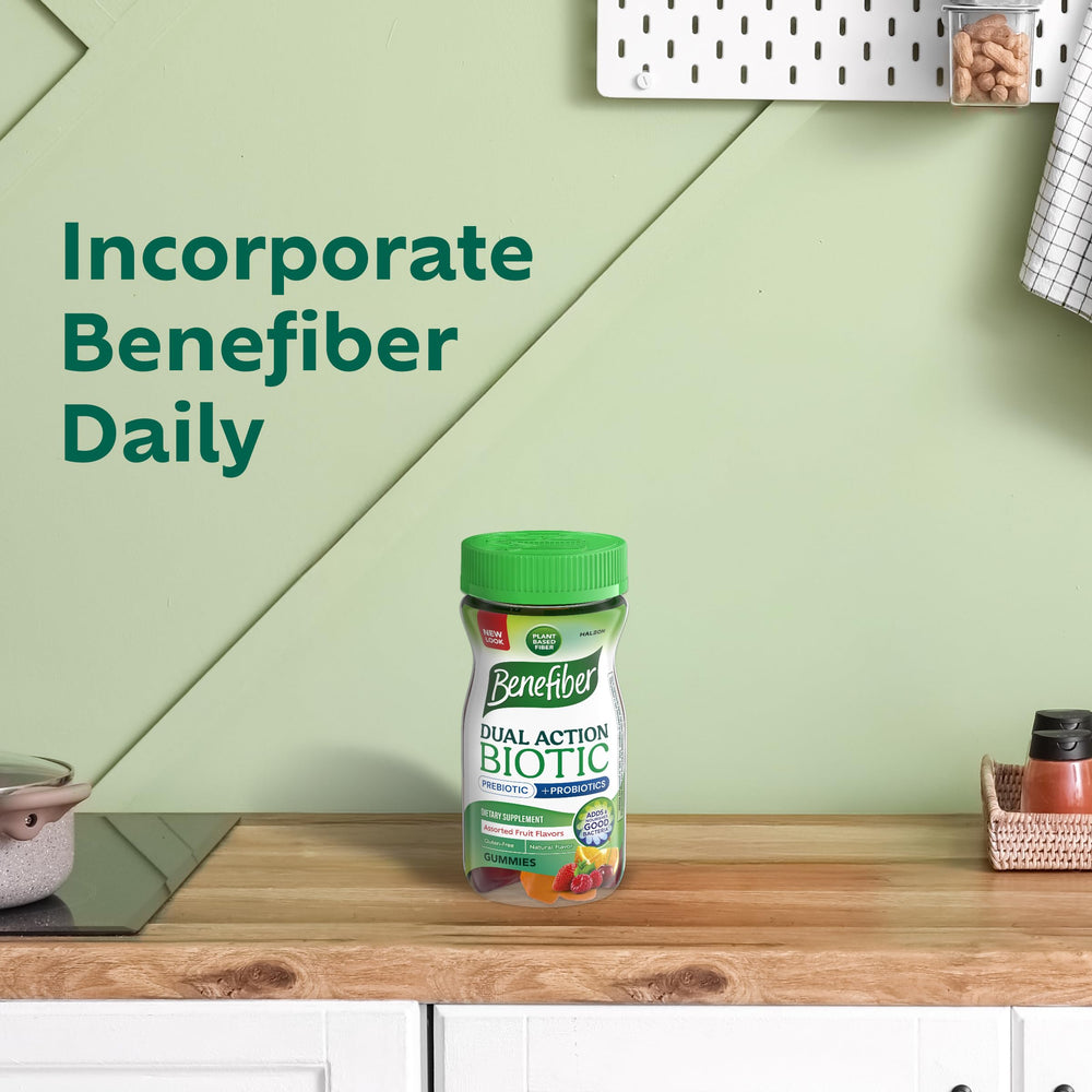 Close-up gummy texture showing soft chew, highlights pleasant mouthfeel with Benefiber