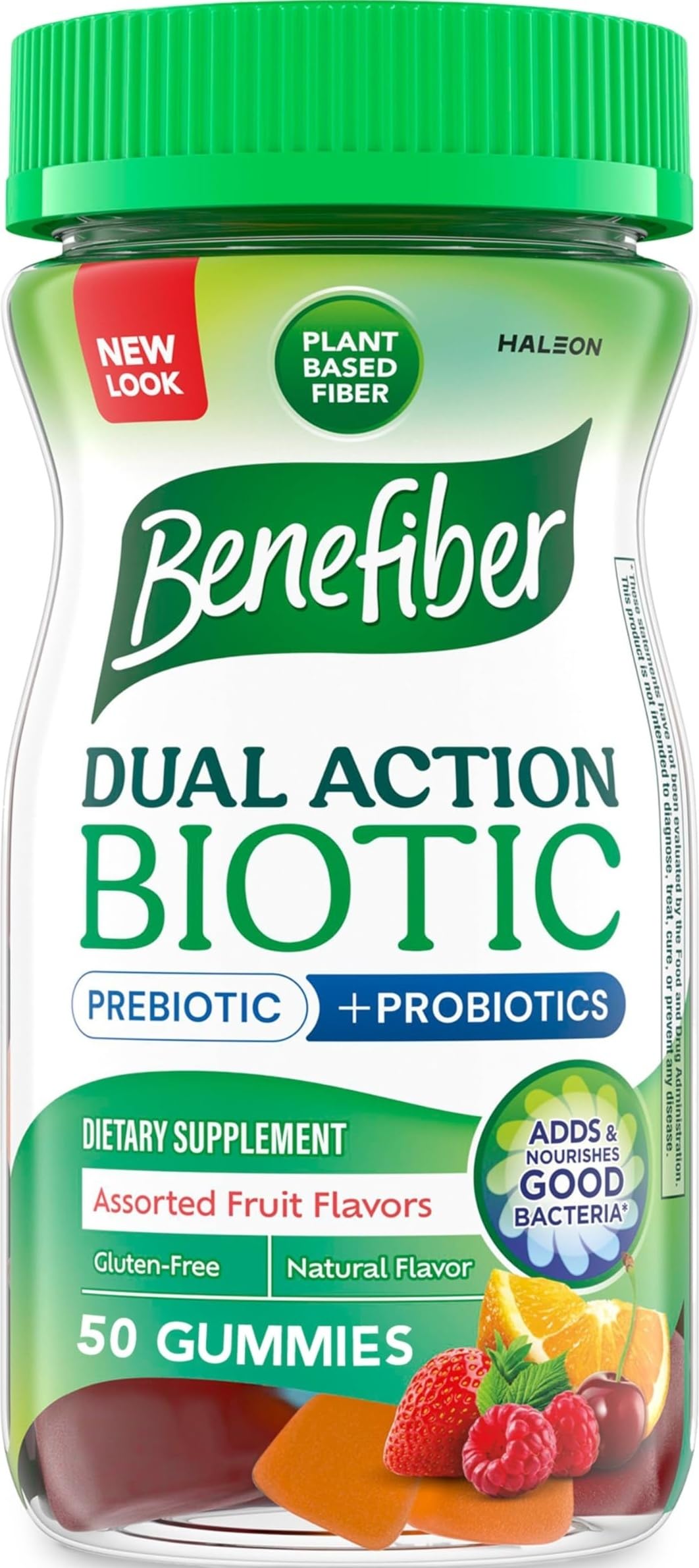 Benefiber bottle front packaging showing 50-count and flavors, helps clear product choice