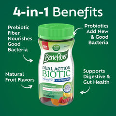 Benefiber jar open with gummies visible, demonstrates easy grab-and-go convenience