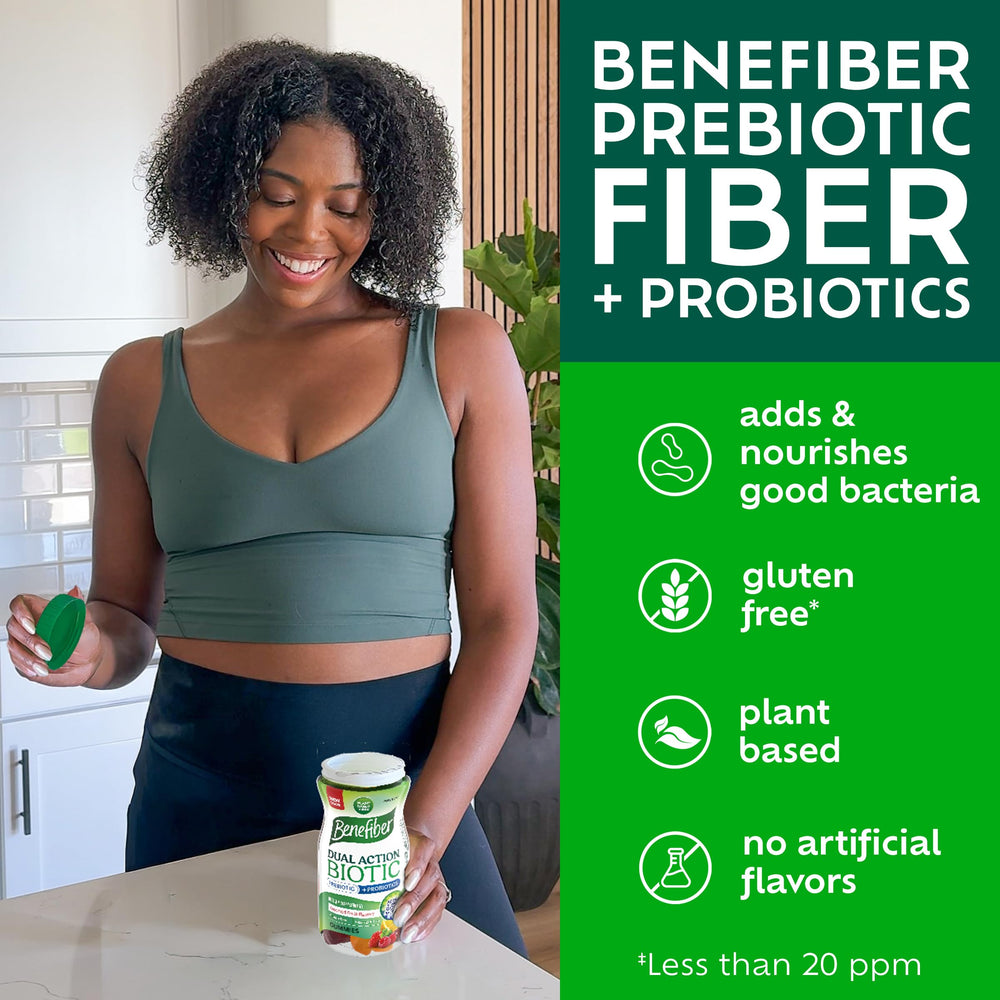 Nutritional label close-up on Benefiber bottle, provides ingredient and dosing transparency