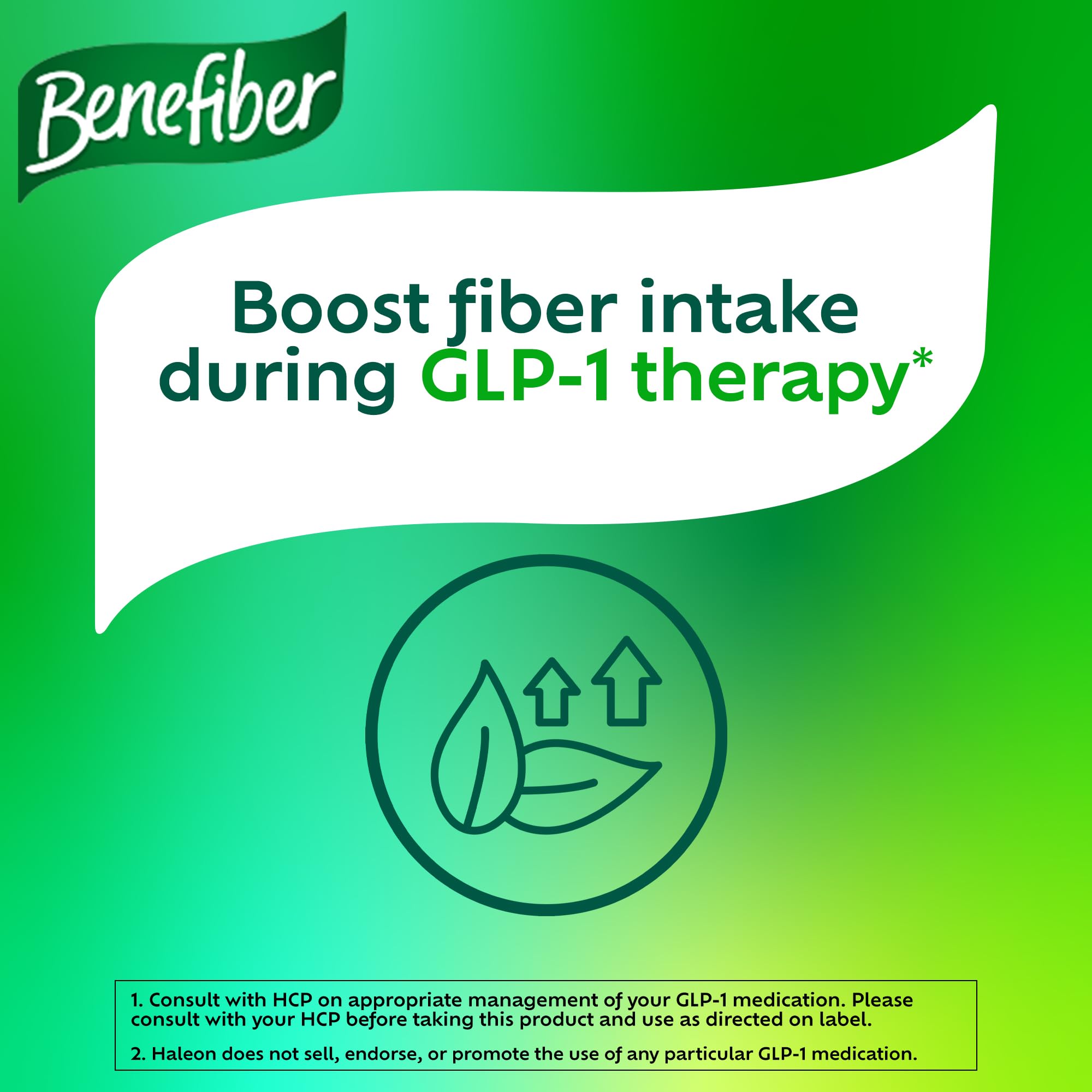 Benefiber vaso con polvo disuelto en agua fría para una bebida refrescante