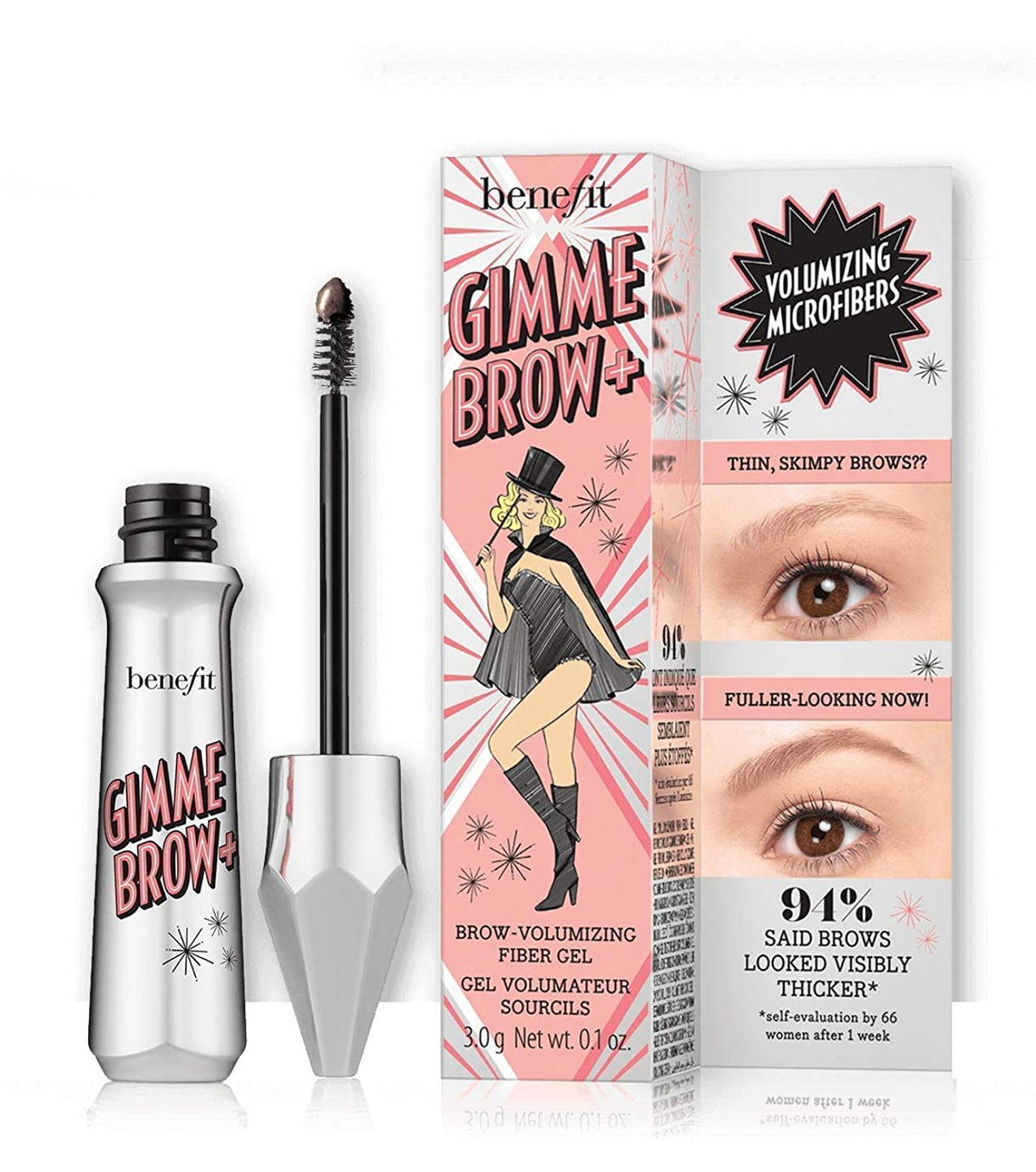 Benefit Gimme Brow front packaging showing tube and brush for natural fuller brows