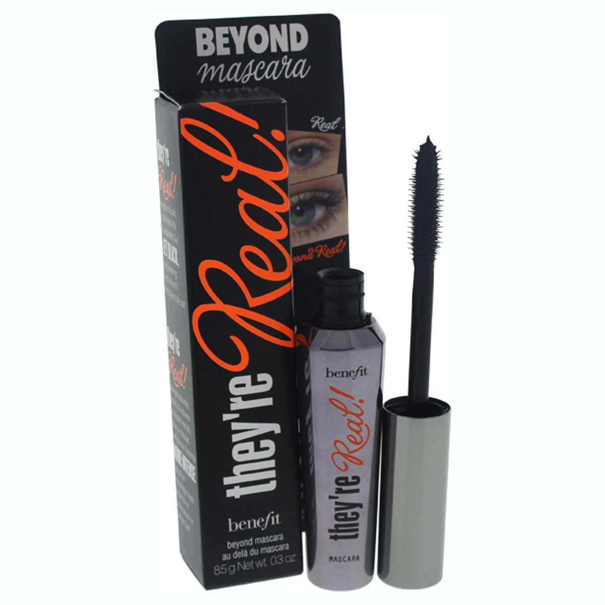 Benefit they're real! mascara frasco frontal mostrando el tono beyond black y diseño compacto