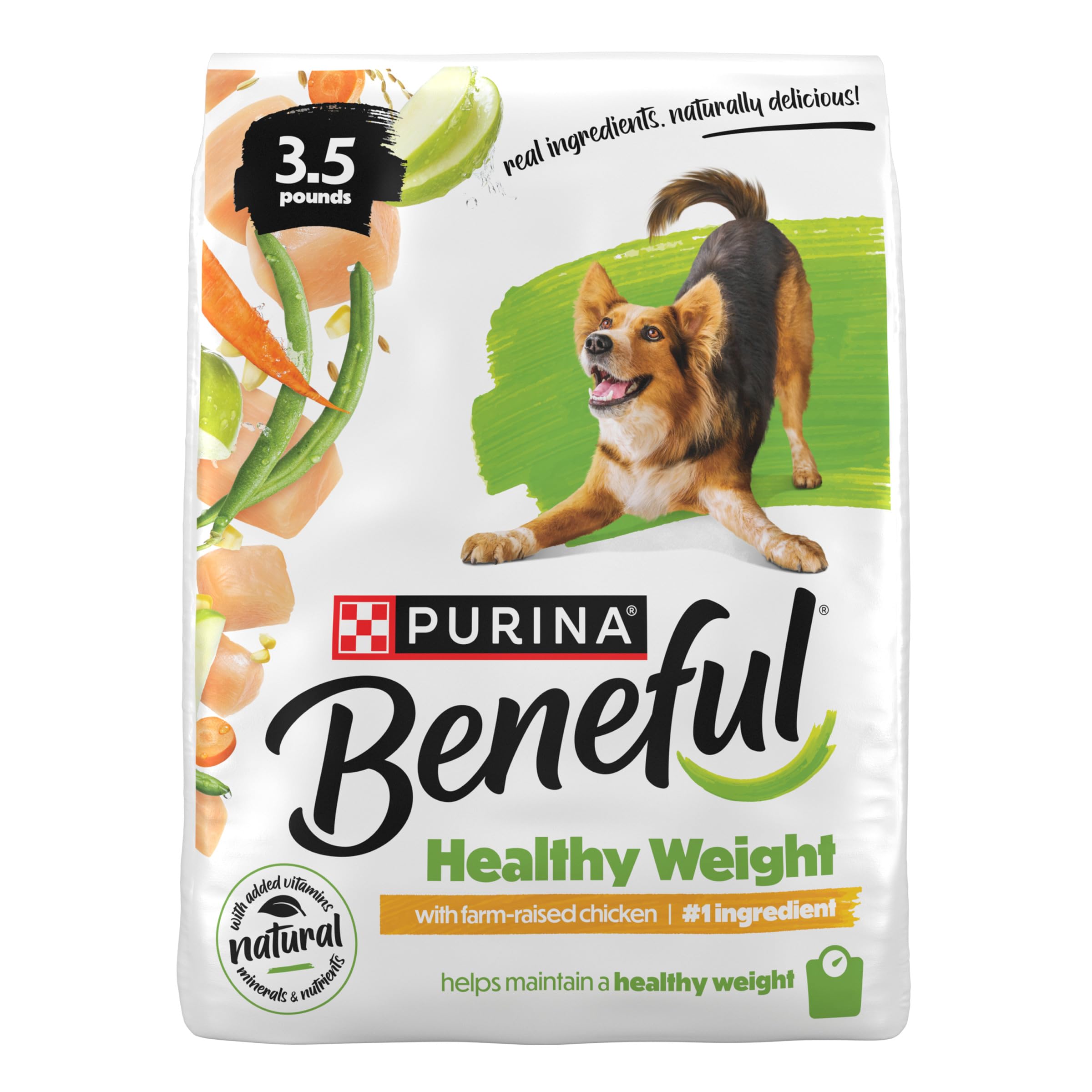 Beneful frente del paquete mostrando fórmula healthy weight y ventaja calórica