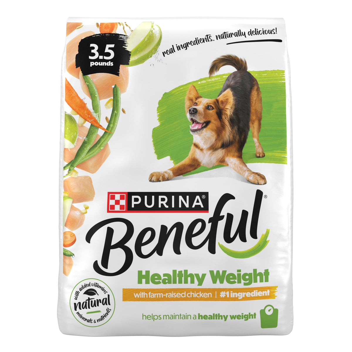 Beneful frente del paquete mostrando fórmula healthy weight y ventaja calórica