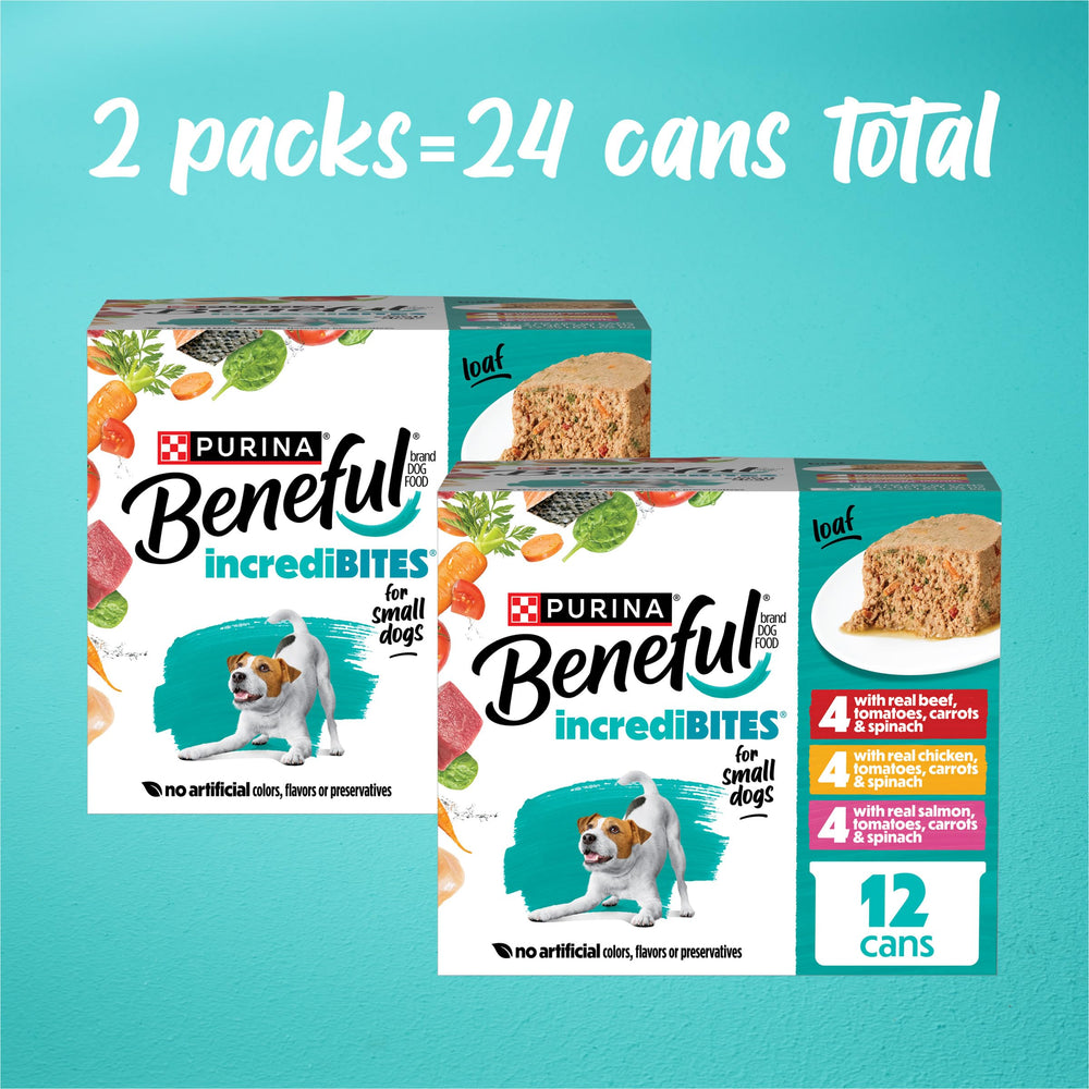 Beneful IncrediBites loaf can opened showing loaf pieces and convenience