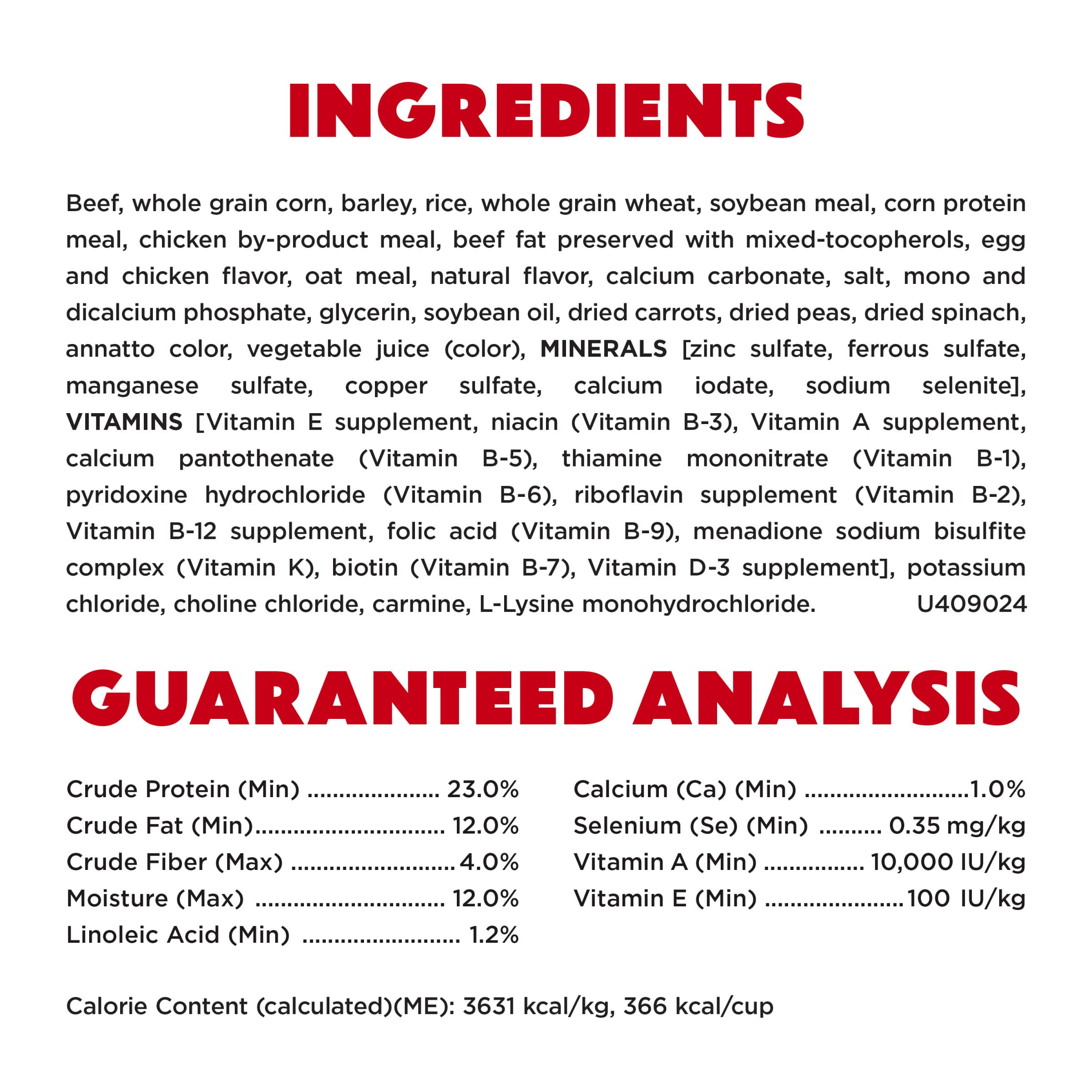 Beneful nutrition label view showing vitamins minerals list