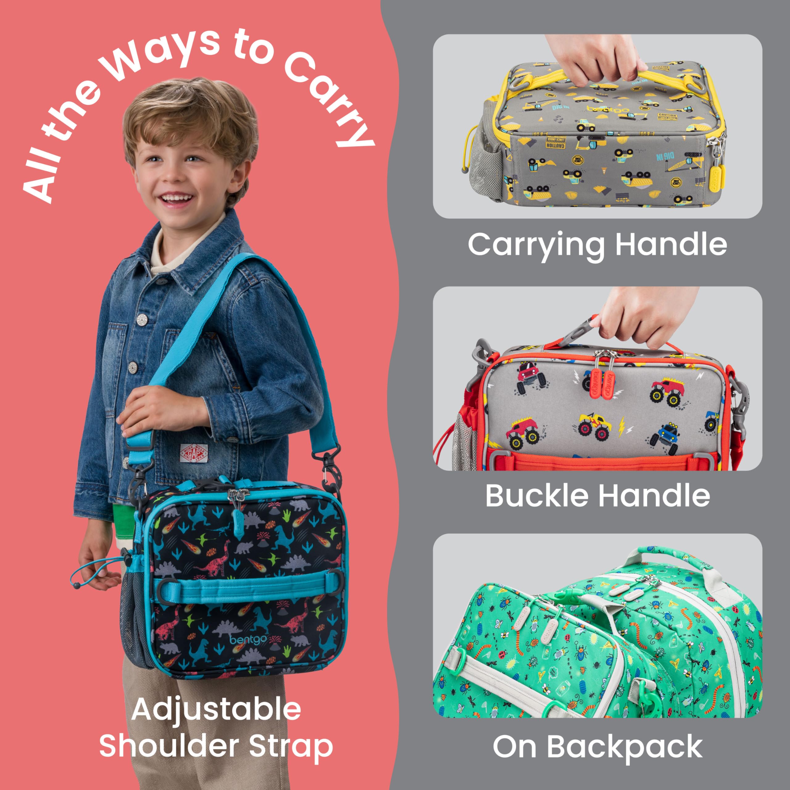 Bentgo bag clipped to backpack with buckle handle for hands-free benefit