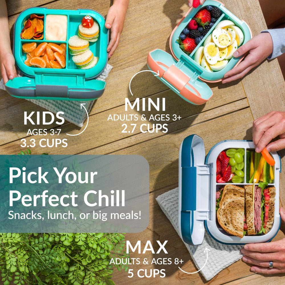 Bentgo Chill Max side profile next to a water bottle benefit: shows compact scale