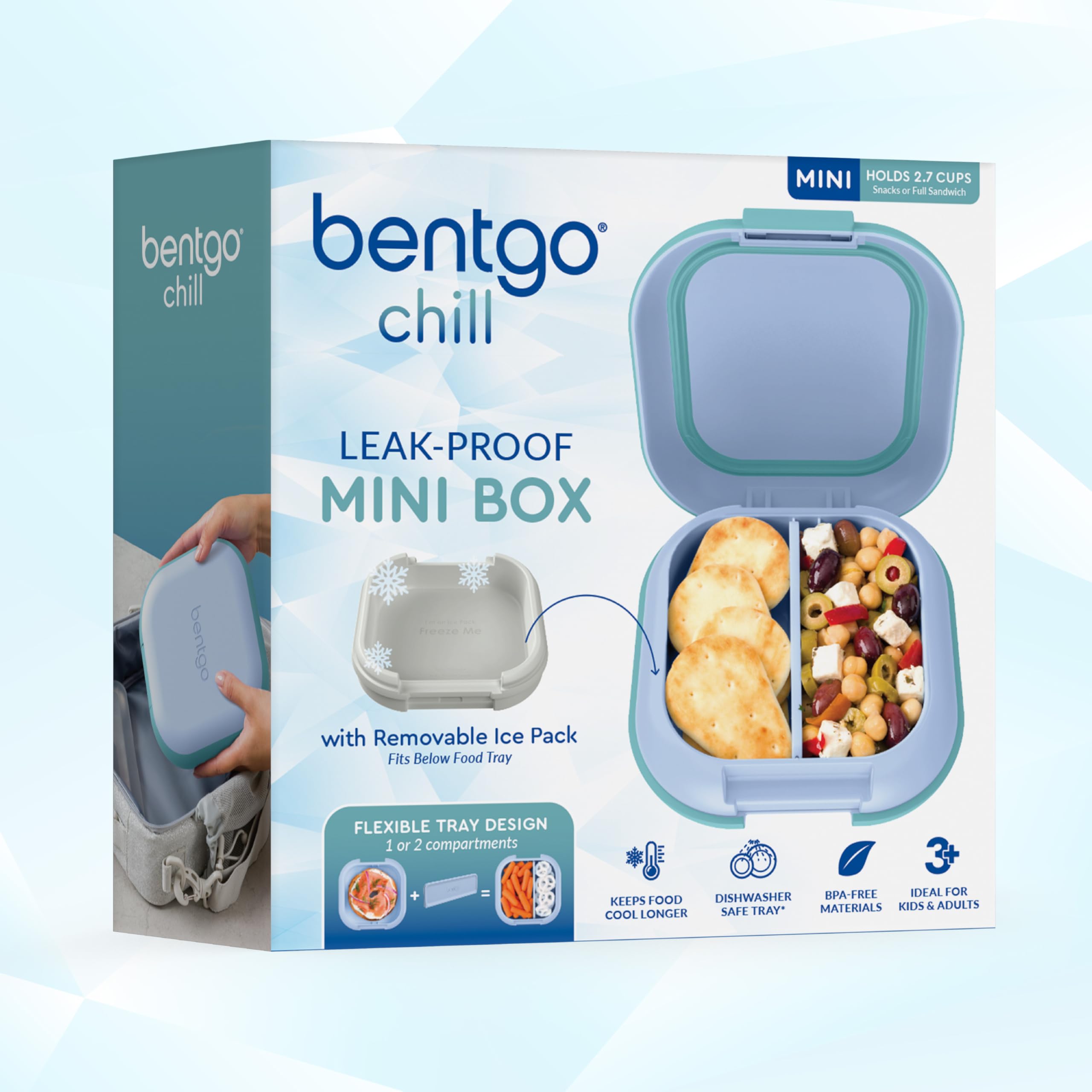 Bentgo Chill Mini etiqueta que destaca materiales sin PFAS ni BPA y seguridad alimentaria
