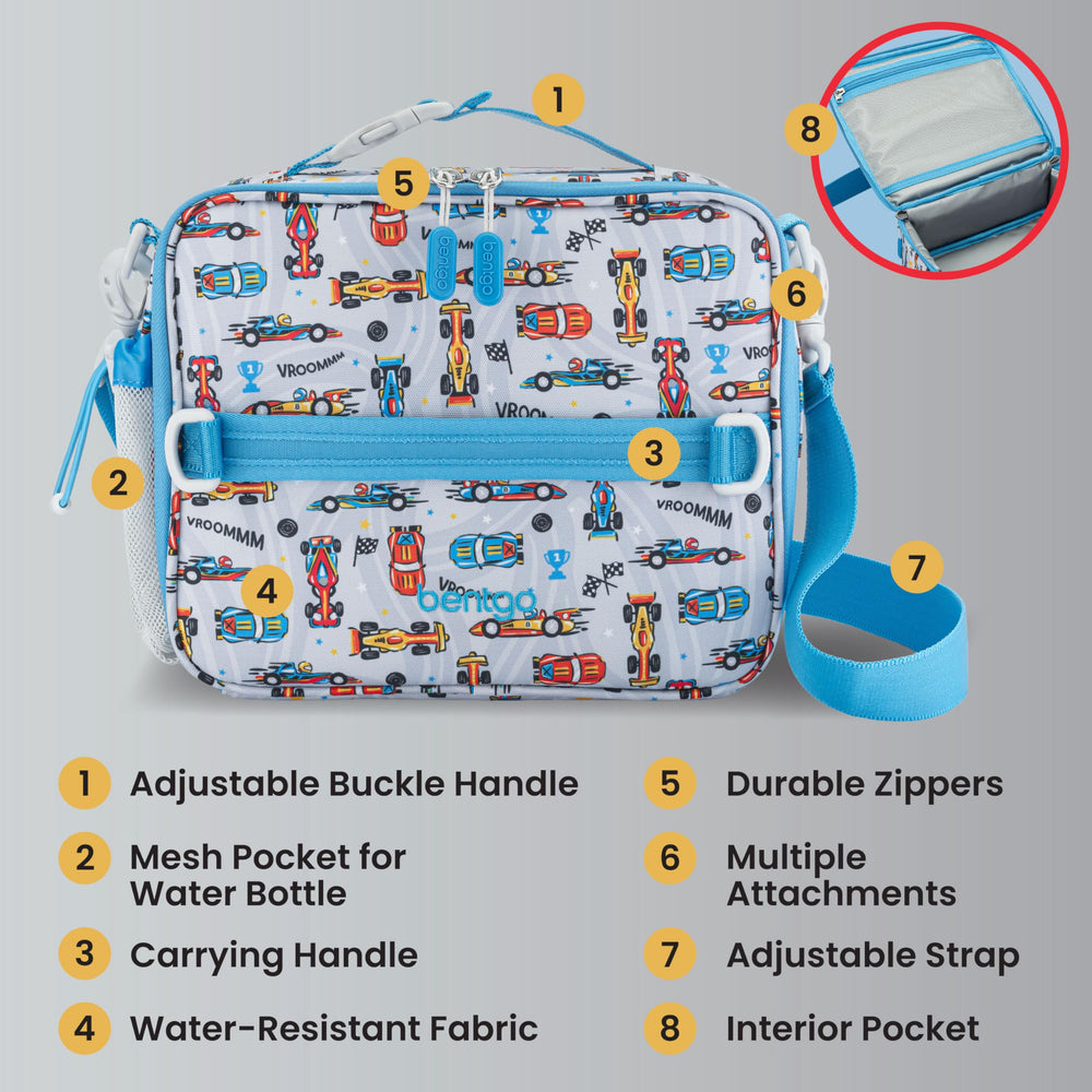 Bentgo comparación de tamaño junto a una mochila para escala visual
