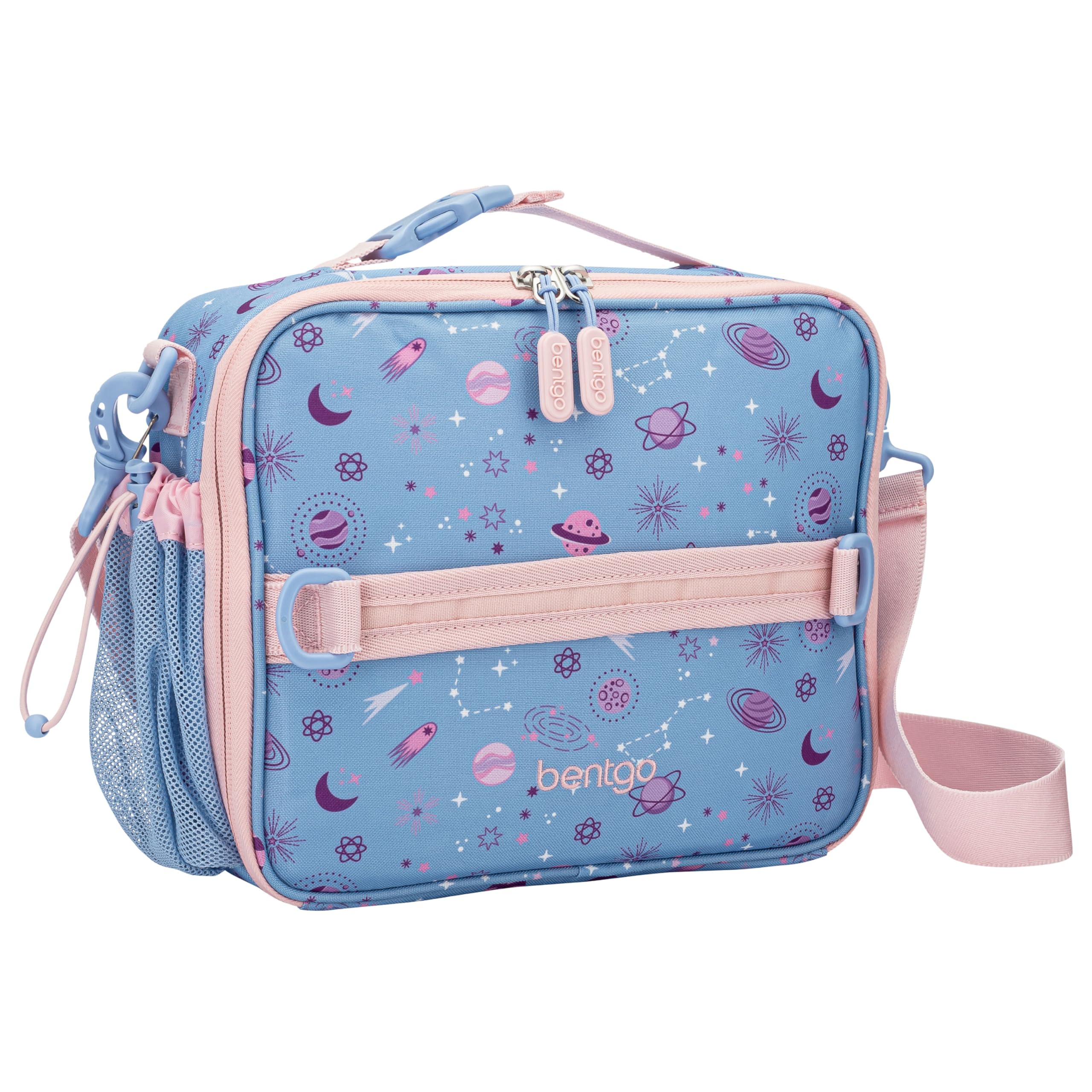 Bentgo bolsa frontal estampada mostrando cierre y tamaño práctico para niños