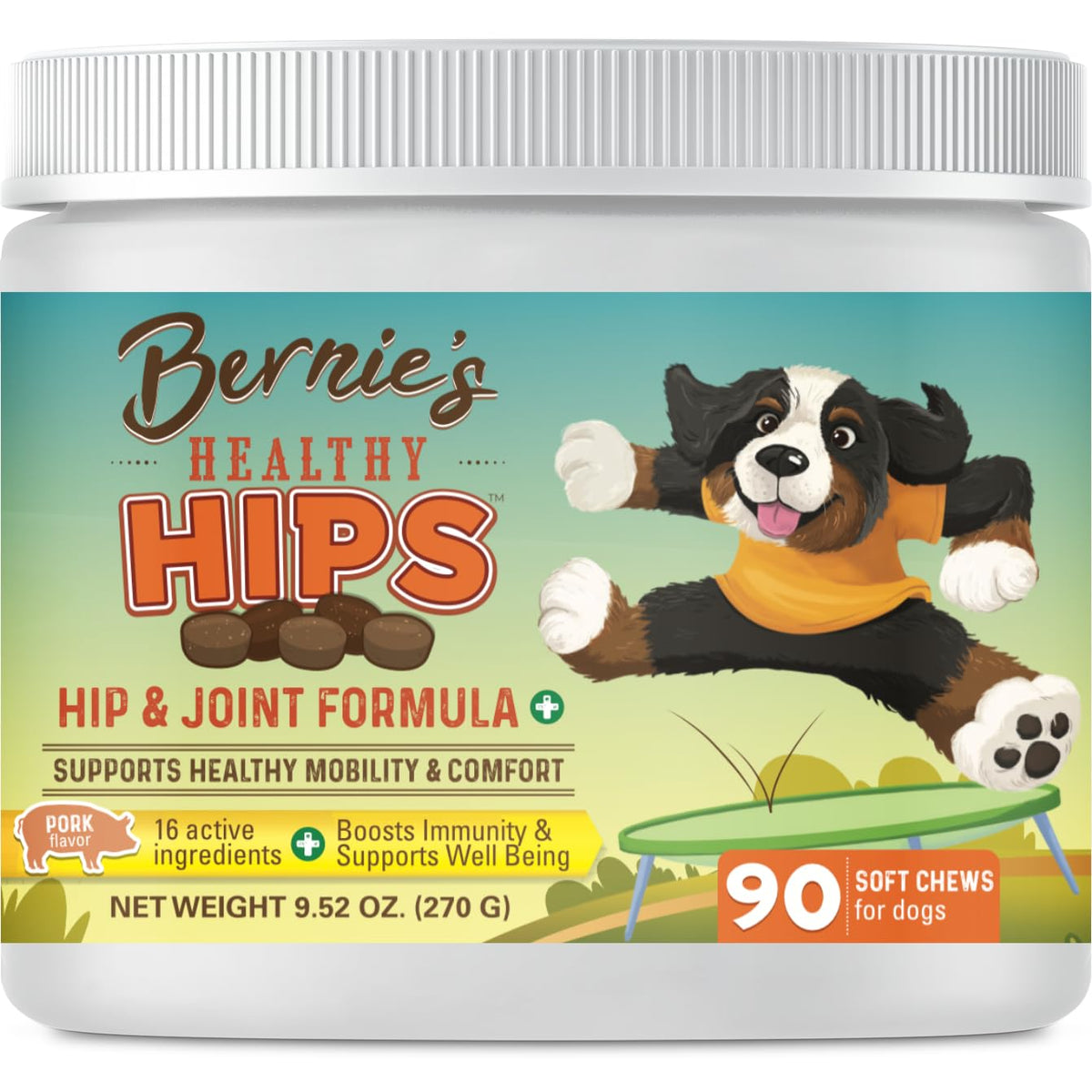 Bernie's frasco frontal mostrando 90 chucherías para movilidad
