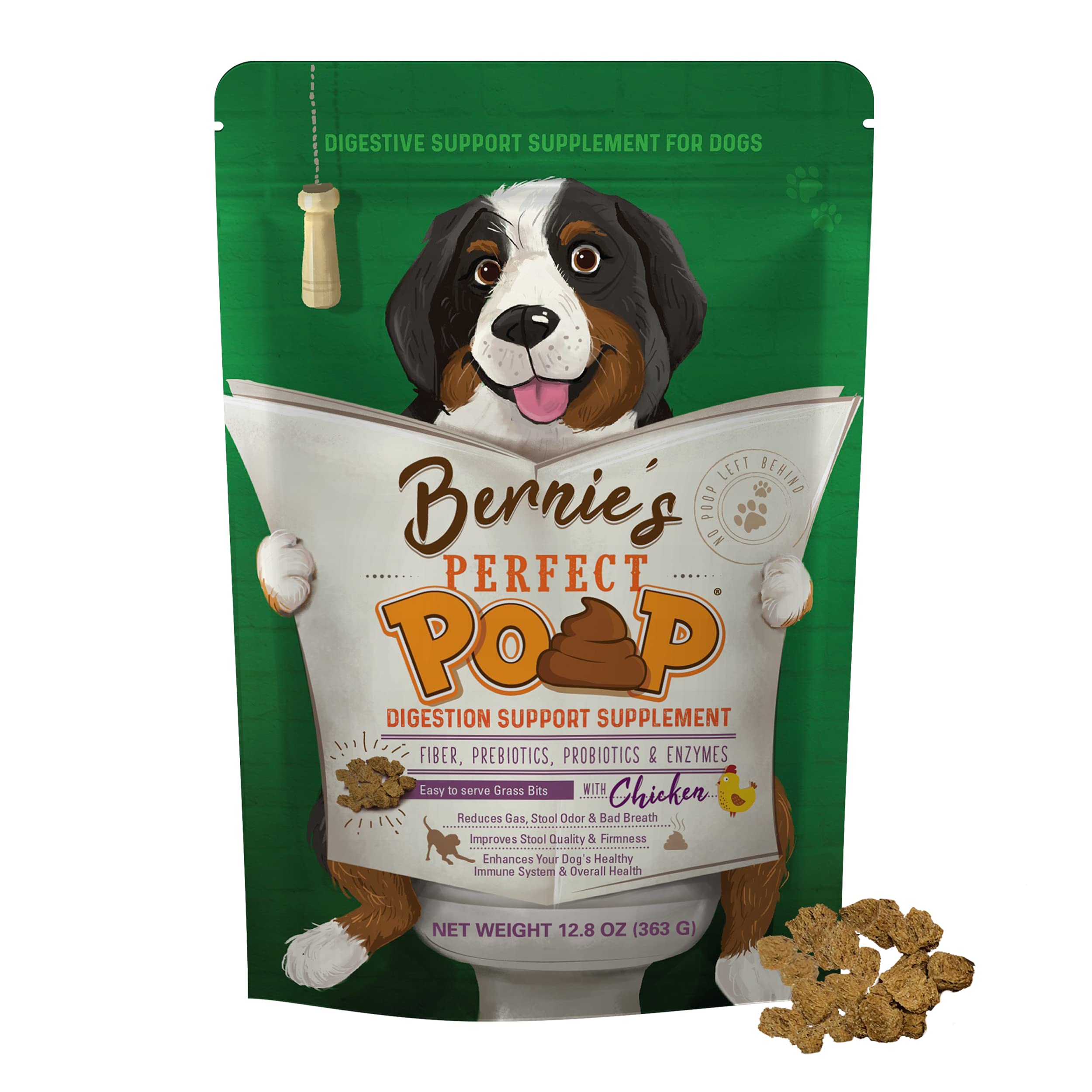 Bernie's front packaging showing Perfect Poop bag and clear benefits