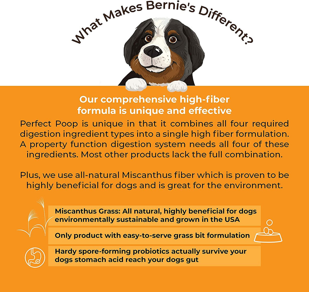 Bernie's ingredients display Miscanthus, pumpkin, flax to show natural fiber and nutrient support