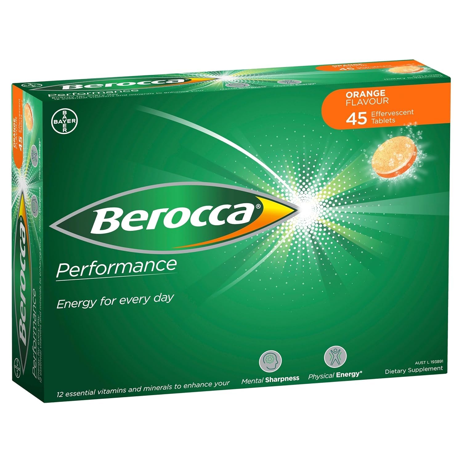 Berocca envase frontal naranja mostrando la marca y beneficio práctico
