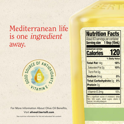 Bertolli botella junto a cucharas medidoras para comparar cantidad