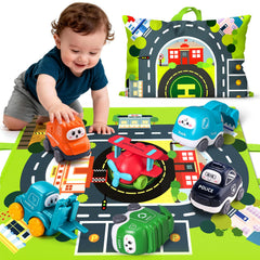 bessome vista frontal del paquete mostrando los seis camiones y la alfombra, ideal para regalo