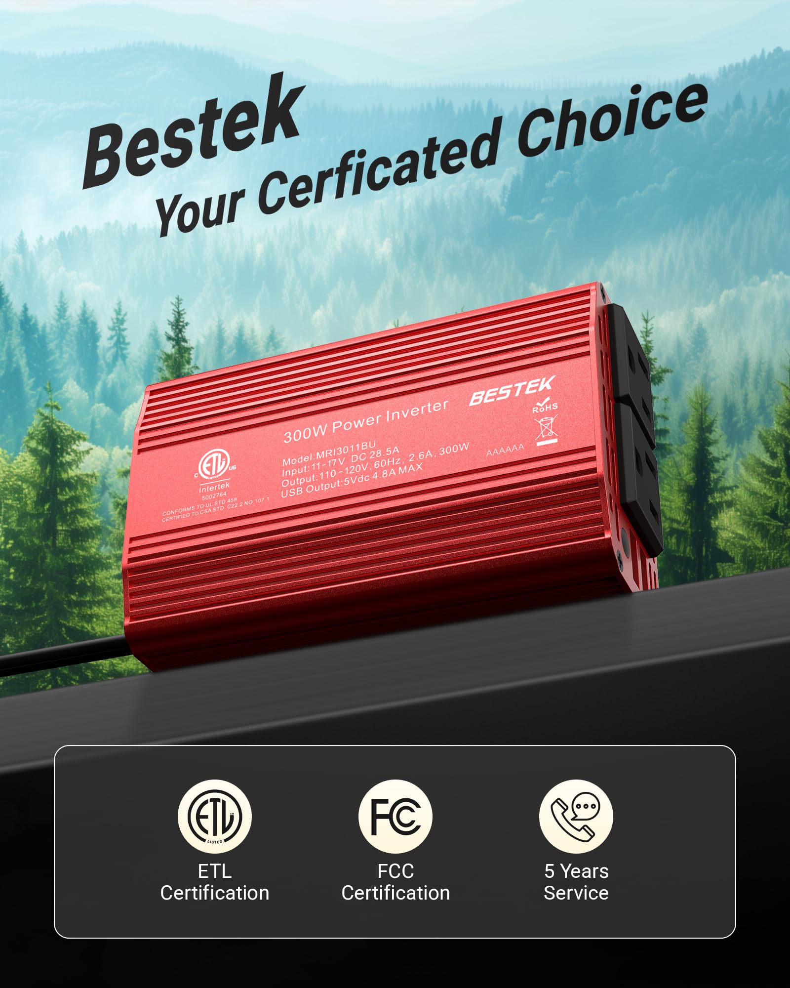 BESTEK caja y etiqueta ETL, garantía y certificación visibles