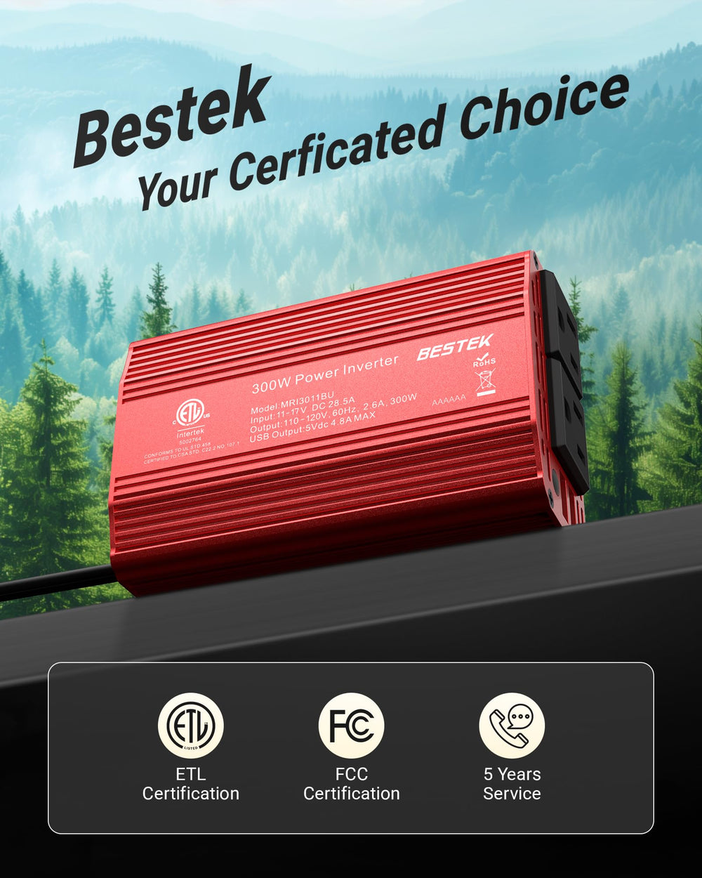 BESTEK caja y etiqueta ETL, garantía y certificación visibles