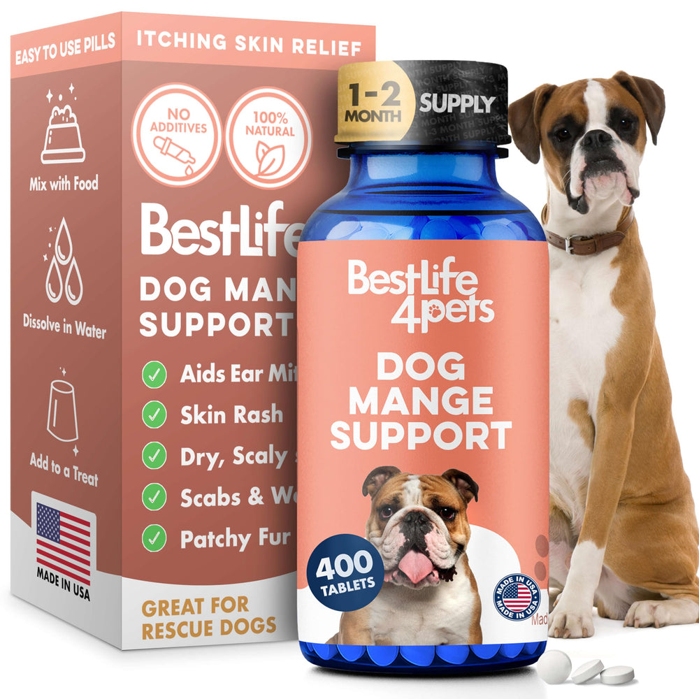 BestLife4Pets envase frontal mostrando 400 tabletas para alivio cutáneo