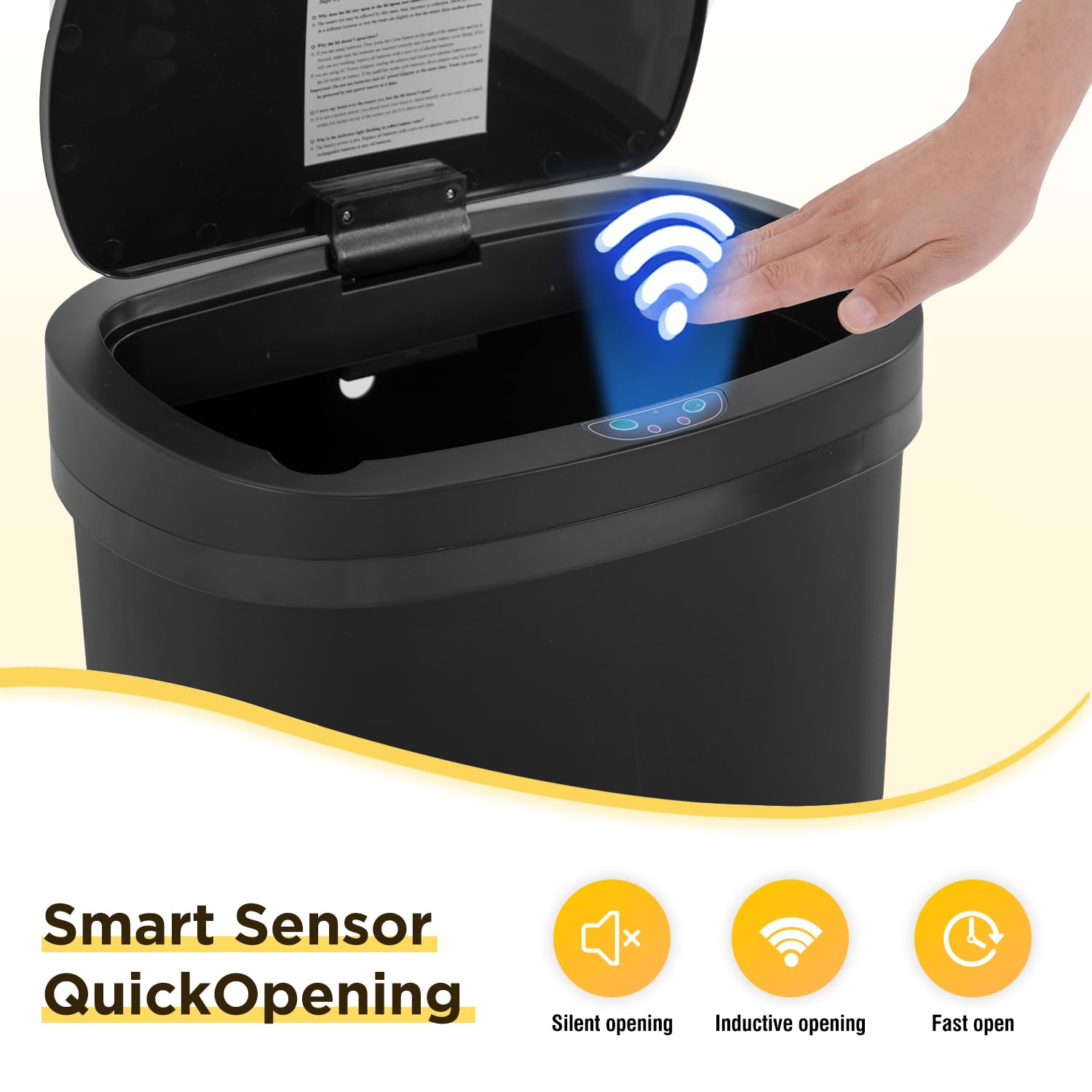 BestOffice etiqueta mostrando capacidad 13 gal y material no tóxico para seguridad
