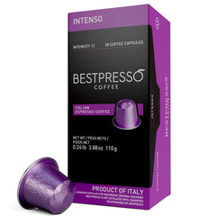 Bestpresso frente del paquete mostrando 6 cajas y 120 cápsulas, conserva frescura