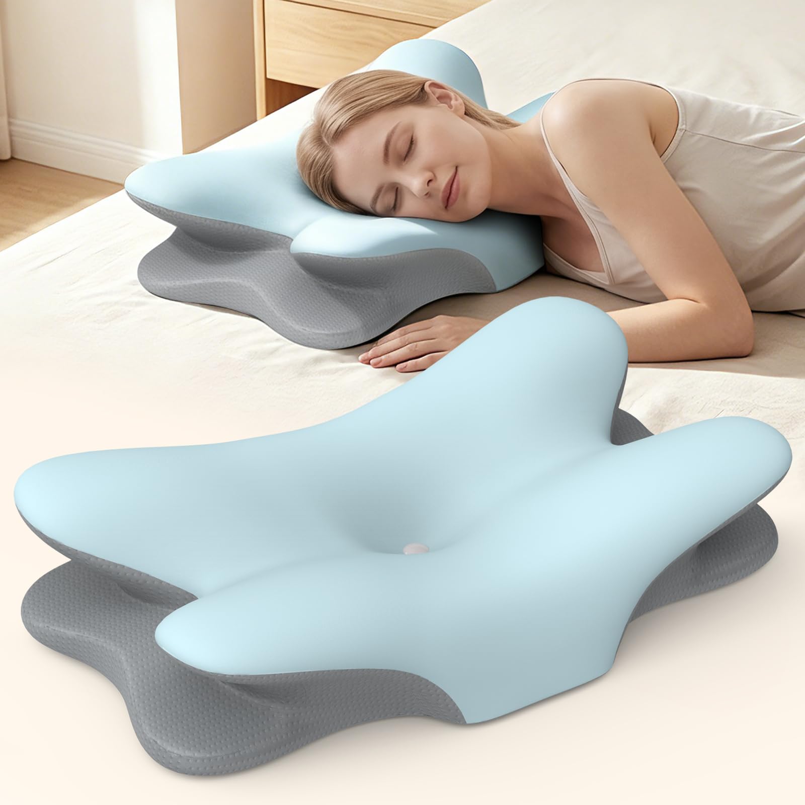 Besyodo front view showing ergonomic contour and clean blue cover for better neck alignment