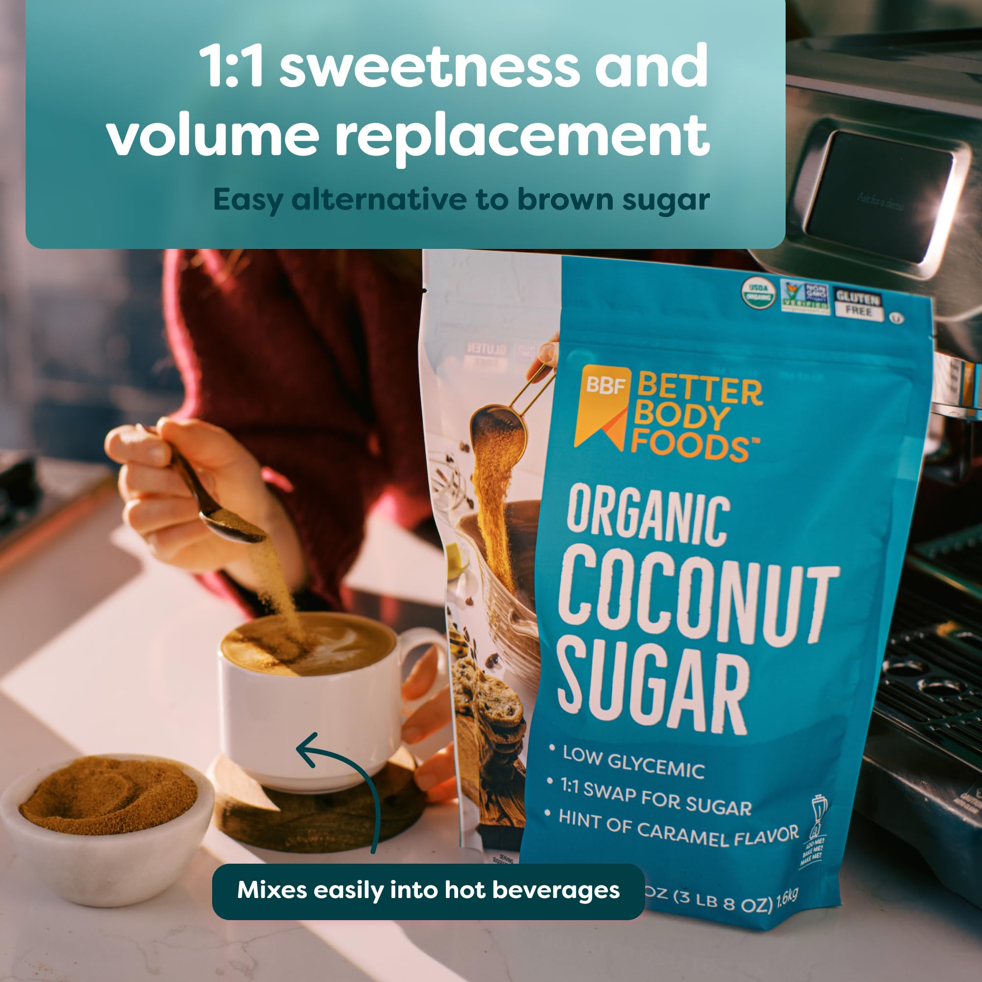 BetterBody Foods azúcar de coco disuelta en café, aporta sabor caramelizado