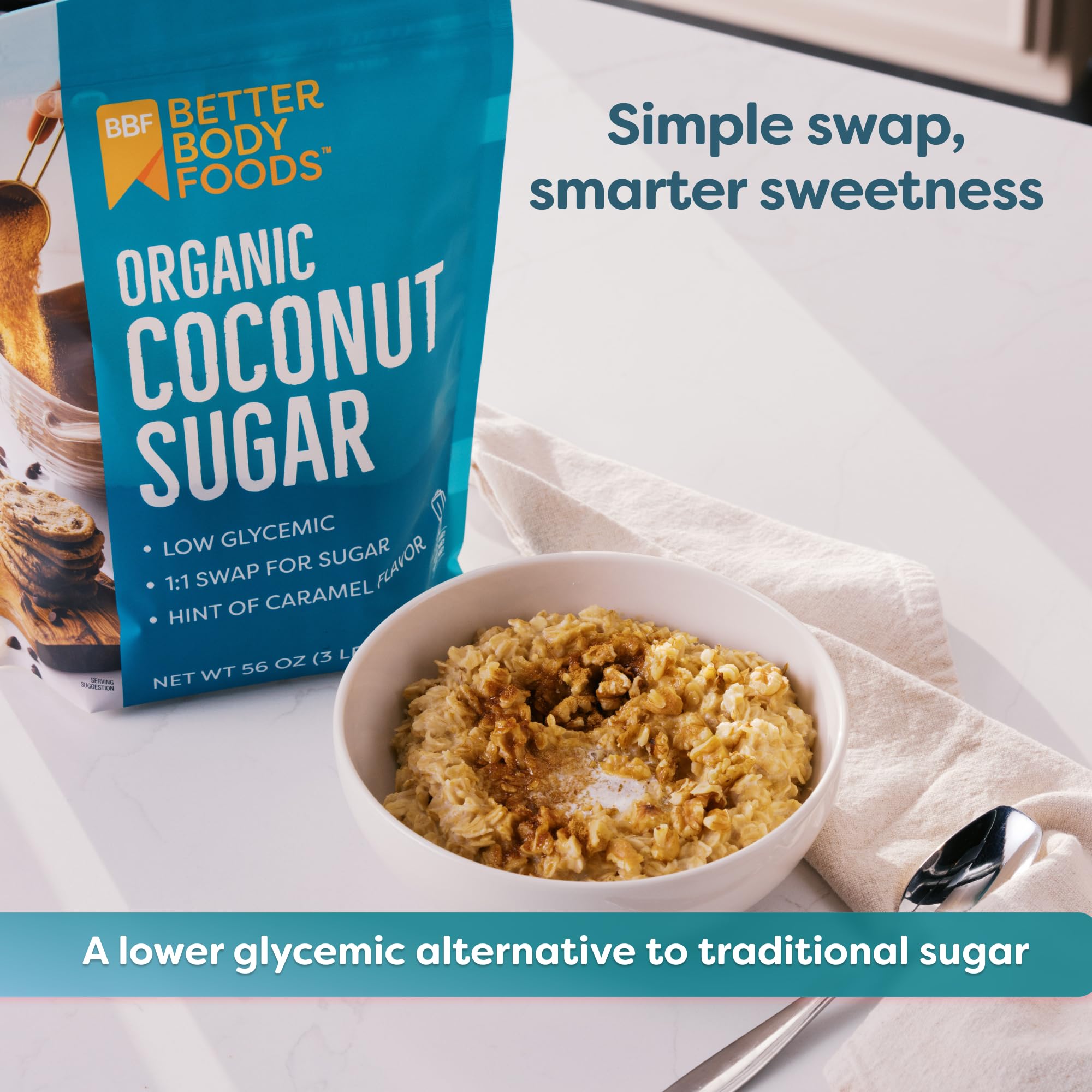 BetterBody Foods azúcar de coco en cuchara, fácil medición y sustitución 1 a 1