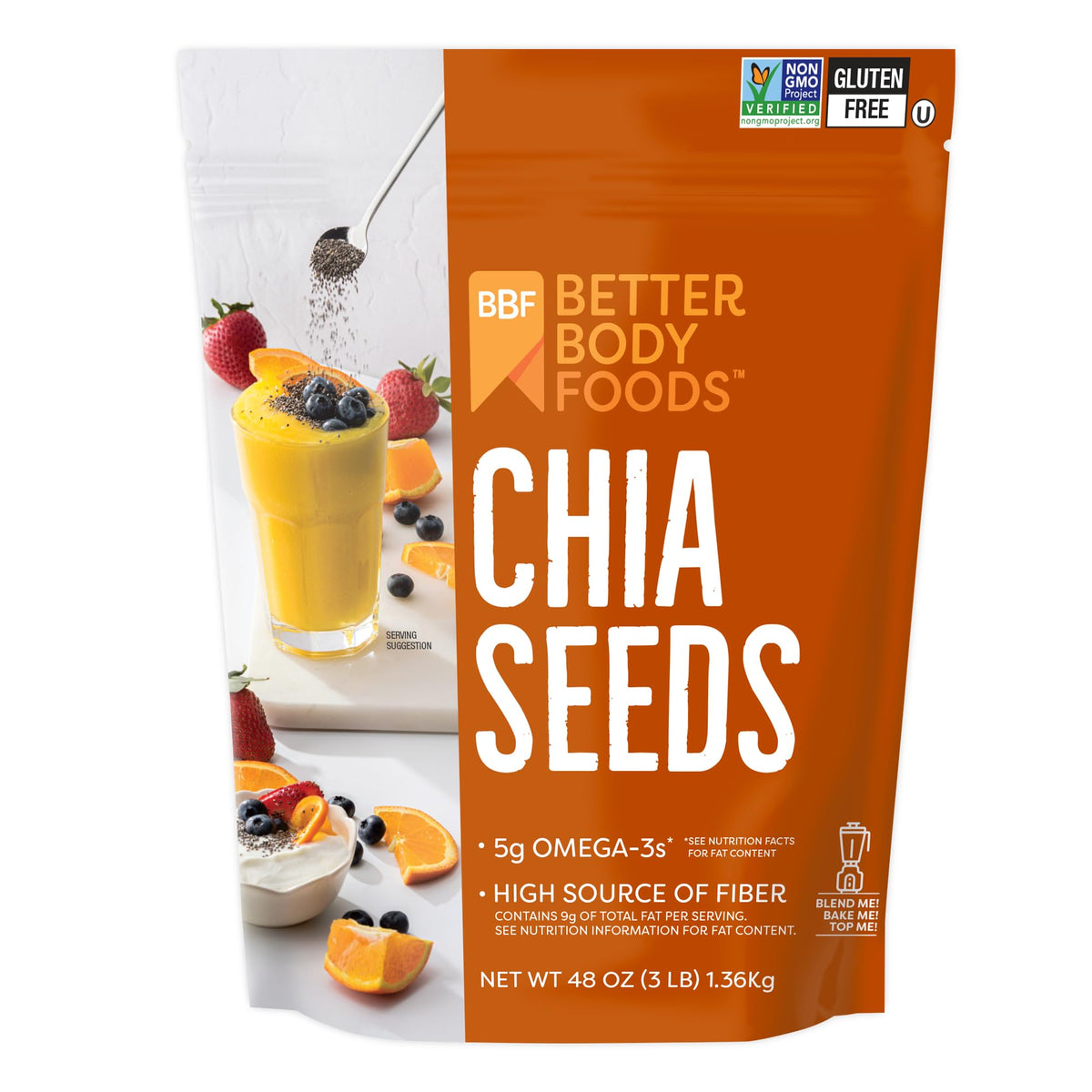 BetterBody Foods empaque frontal de chía, práctico y resistente