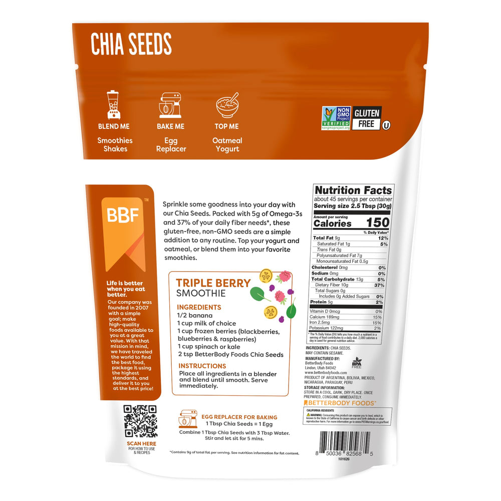 BetterBody Foods etiqueta nutricional de chía, información clara