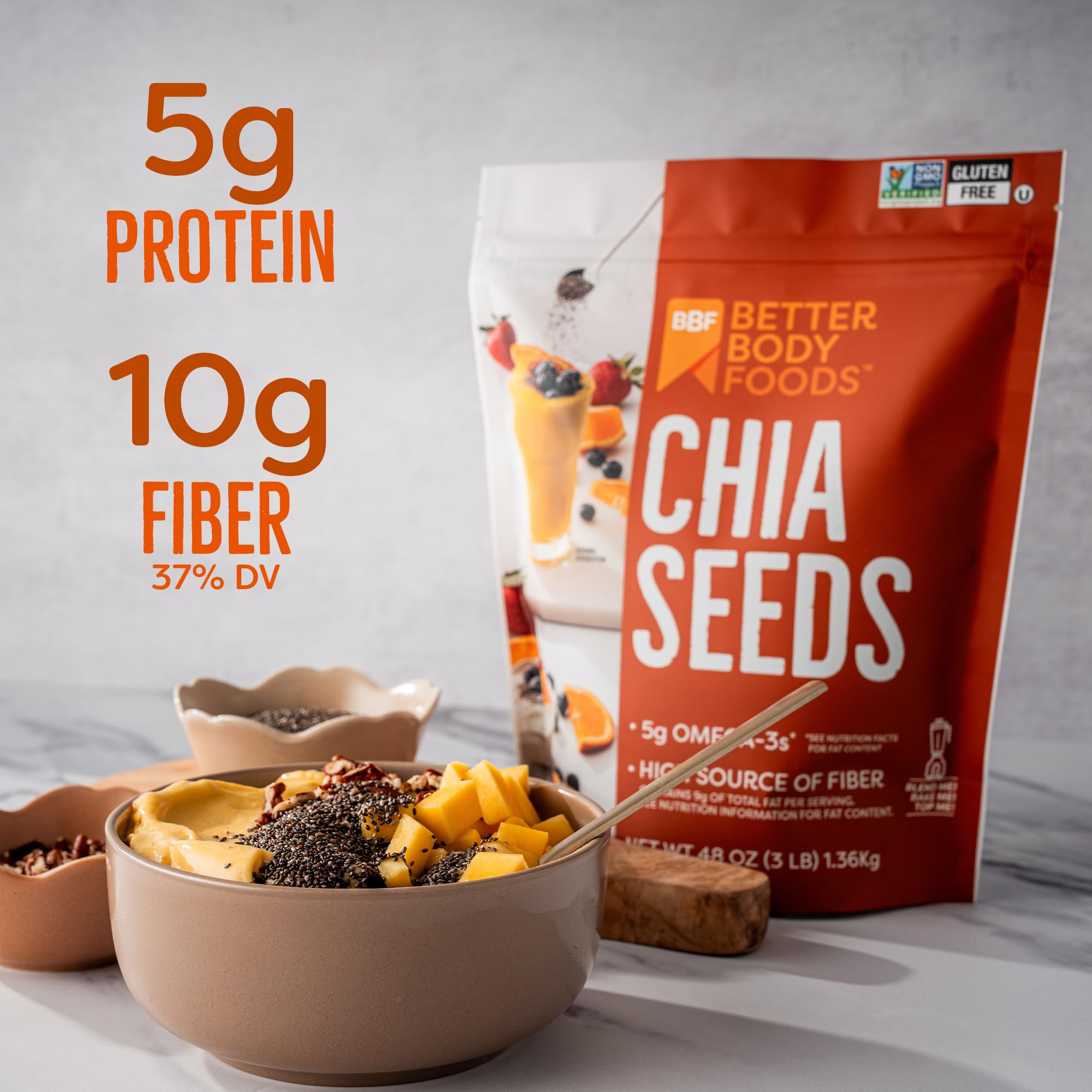BetterBody Foods chía textura en primer plano, fácil de mezclar